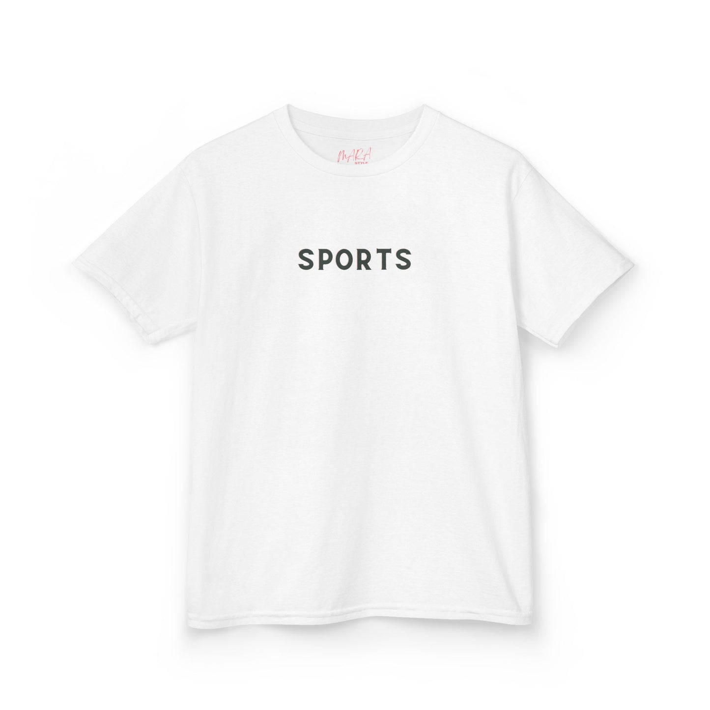 White t-shirt with 'SPORTS' text on a white background