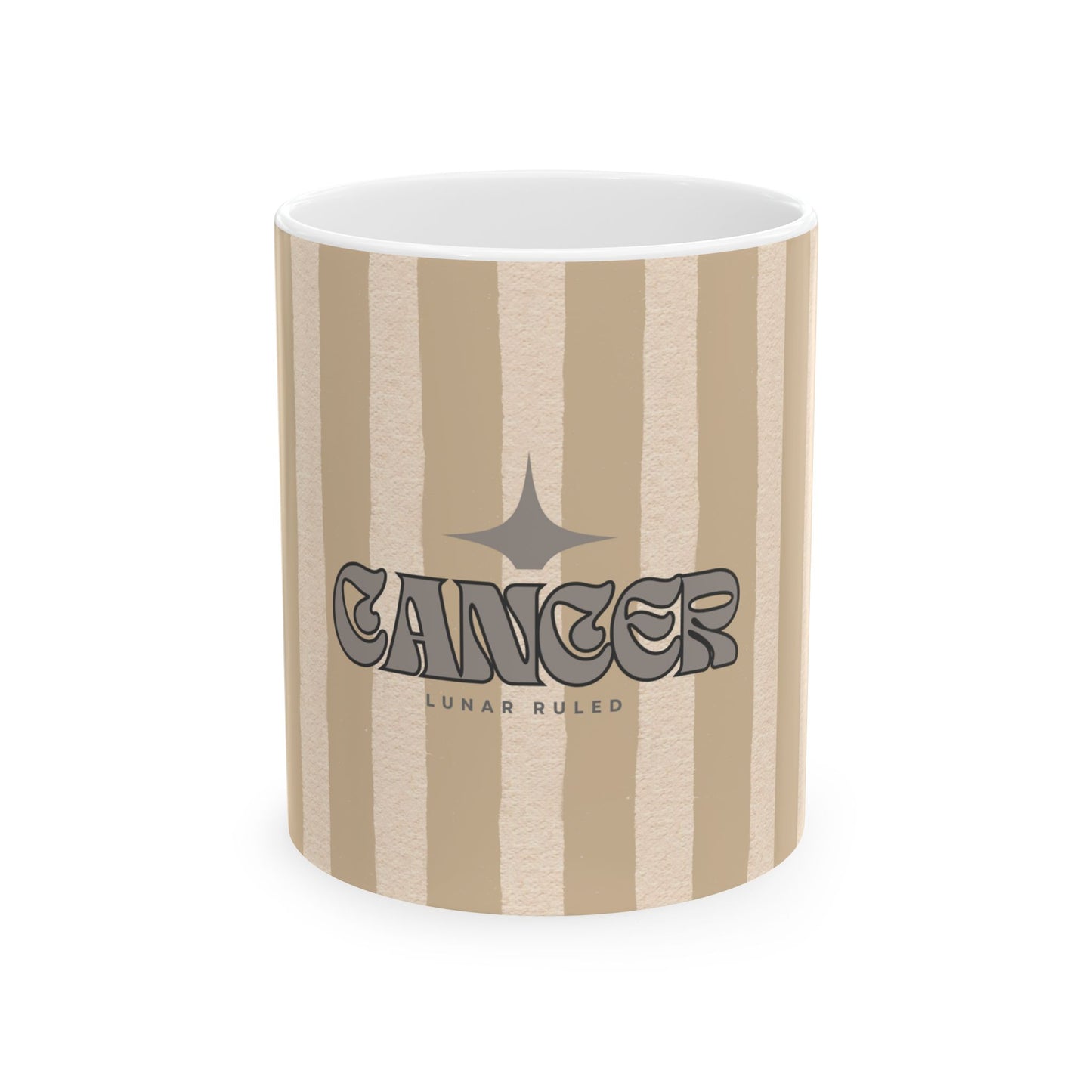 Mug with striped design and 'Cancer' text on a white background