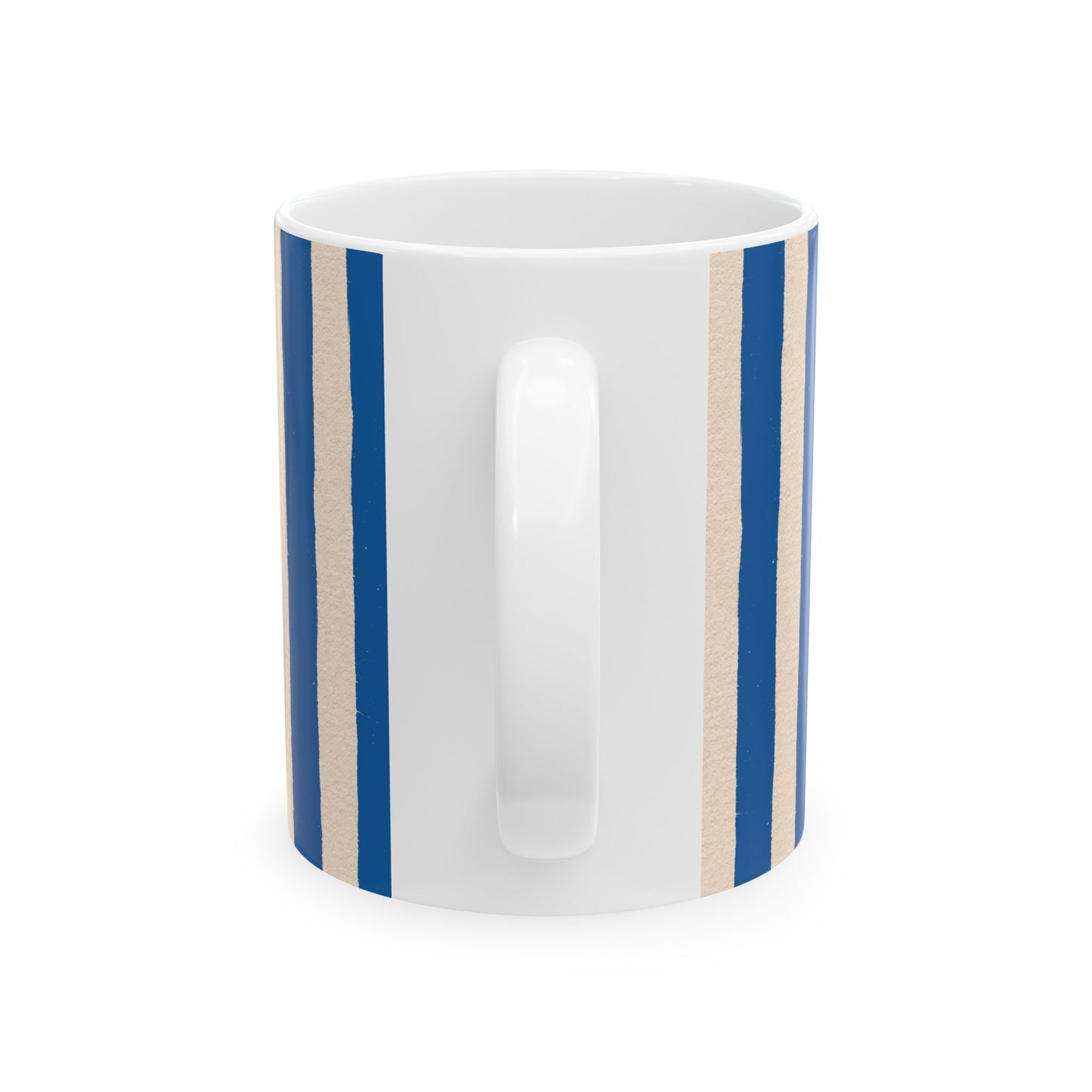White mug with blue and beige stripes on a white background