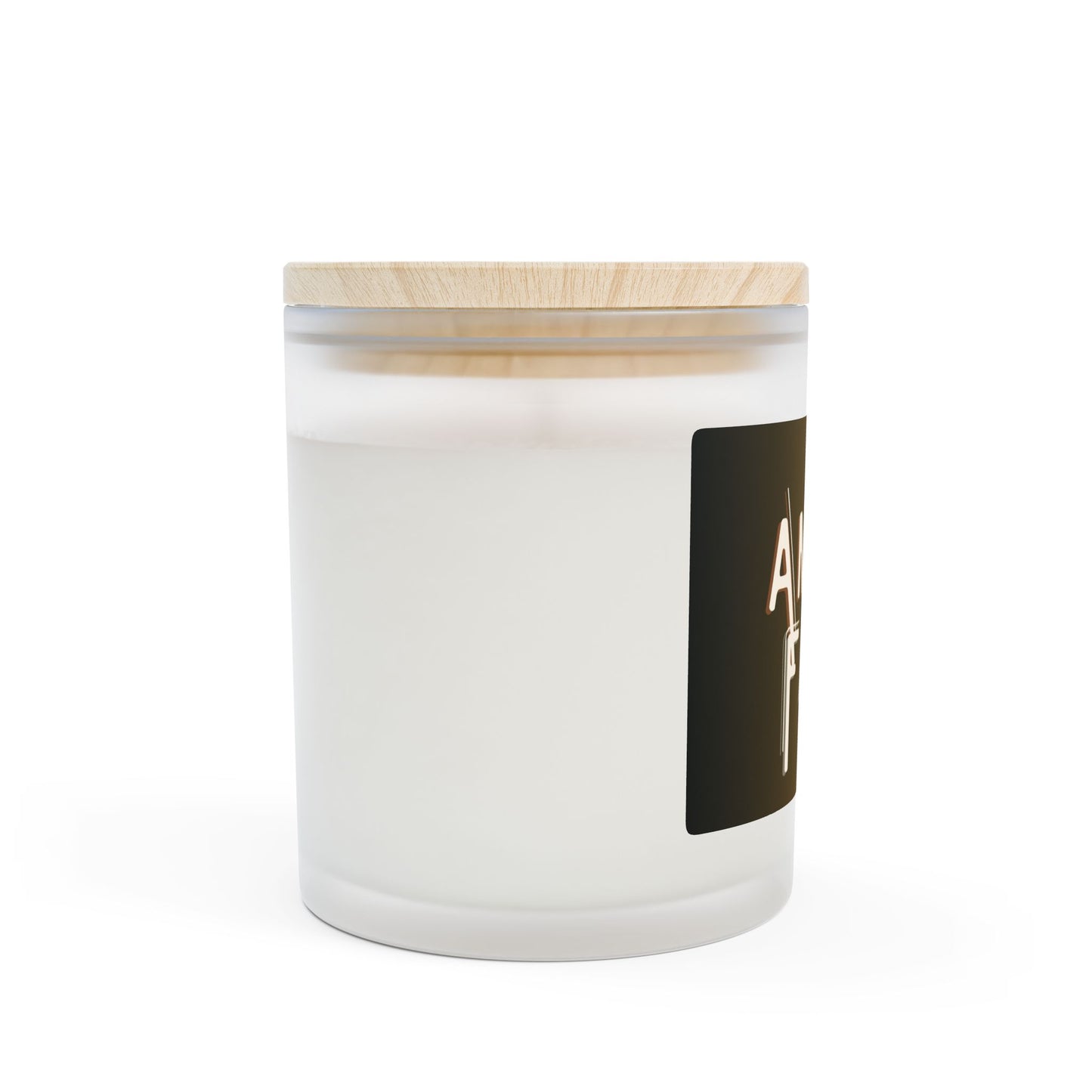 White candle in a glass jar with a wooden lid on a white background
