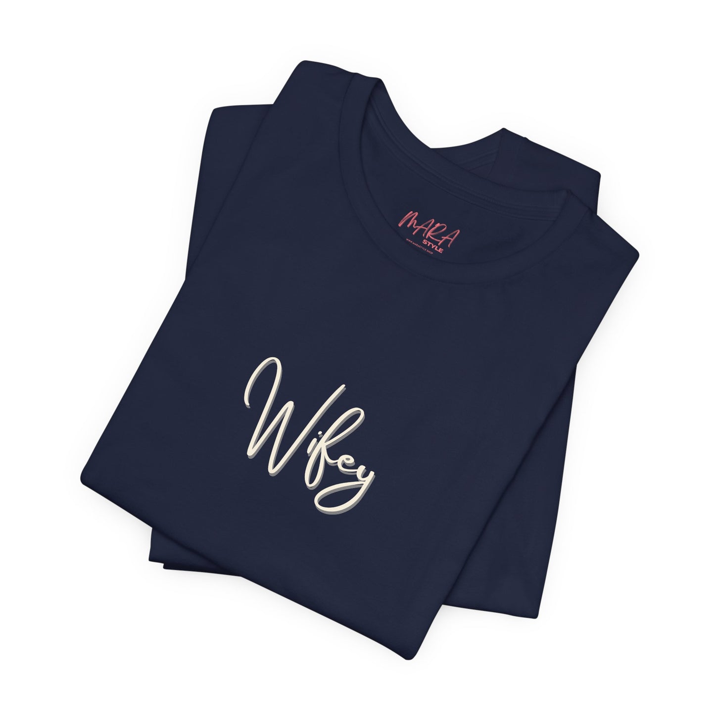 Navy blue t-shirt with 'Wifey' text on a white background