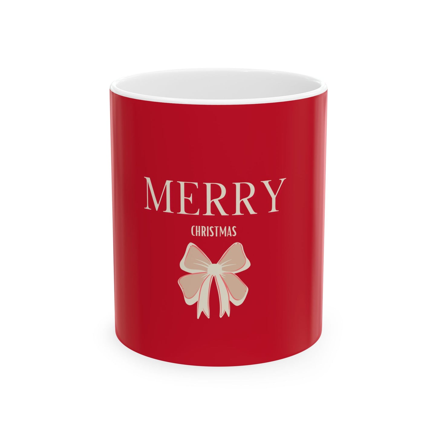 Red mug with 'Merry Christmas' text and a bow design on a white background