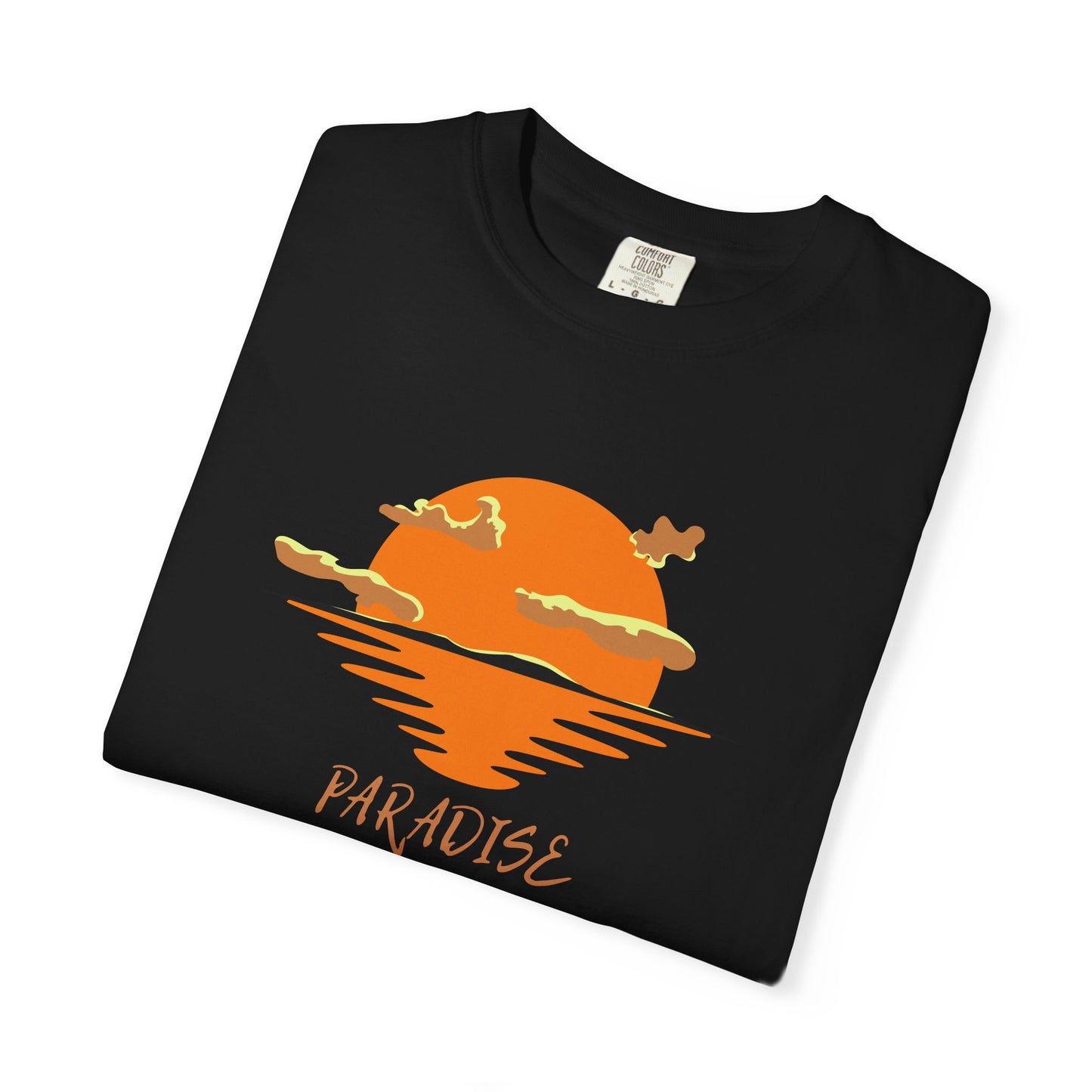 Black t-shirt with orange sunset design and 'Paradise' text on a white background