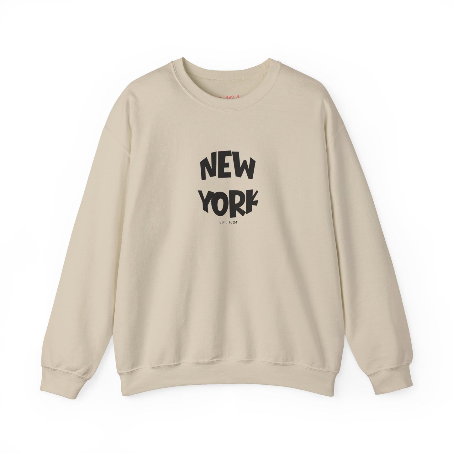 Beige sweatshirt with 'New York' text on a white background