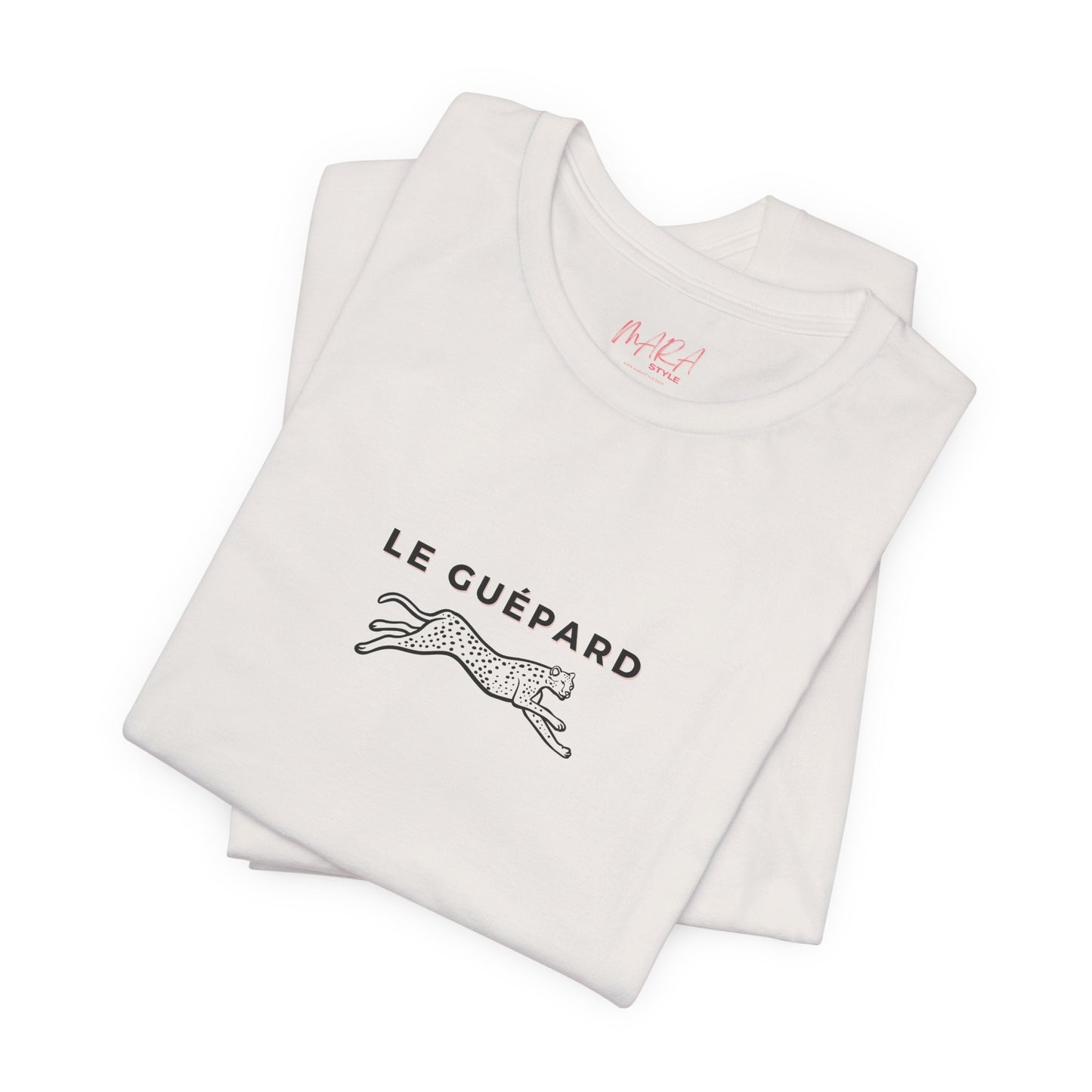 Folded white tank top with 'Le Guépard' text and logo on a white background