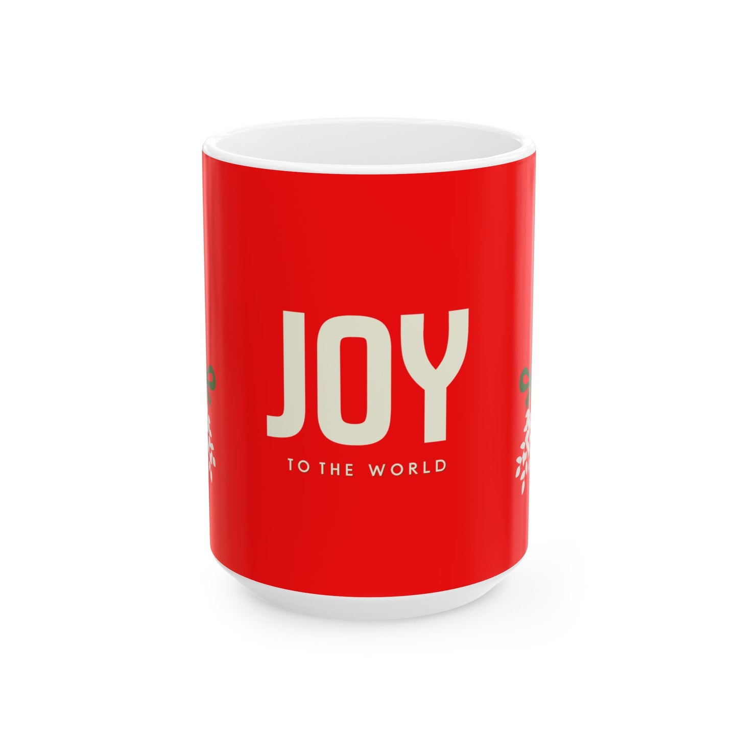 Red mug with 'JOY TO THE WORLD' text on a white background