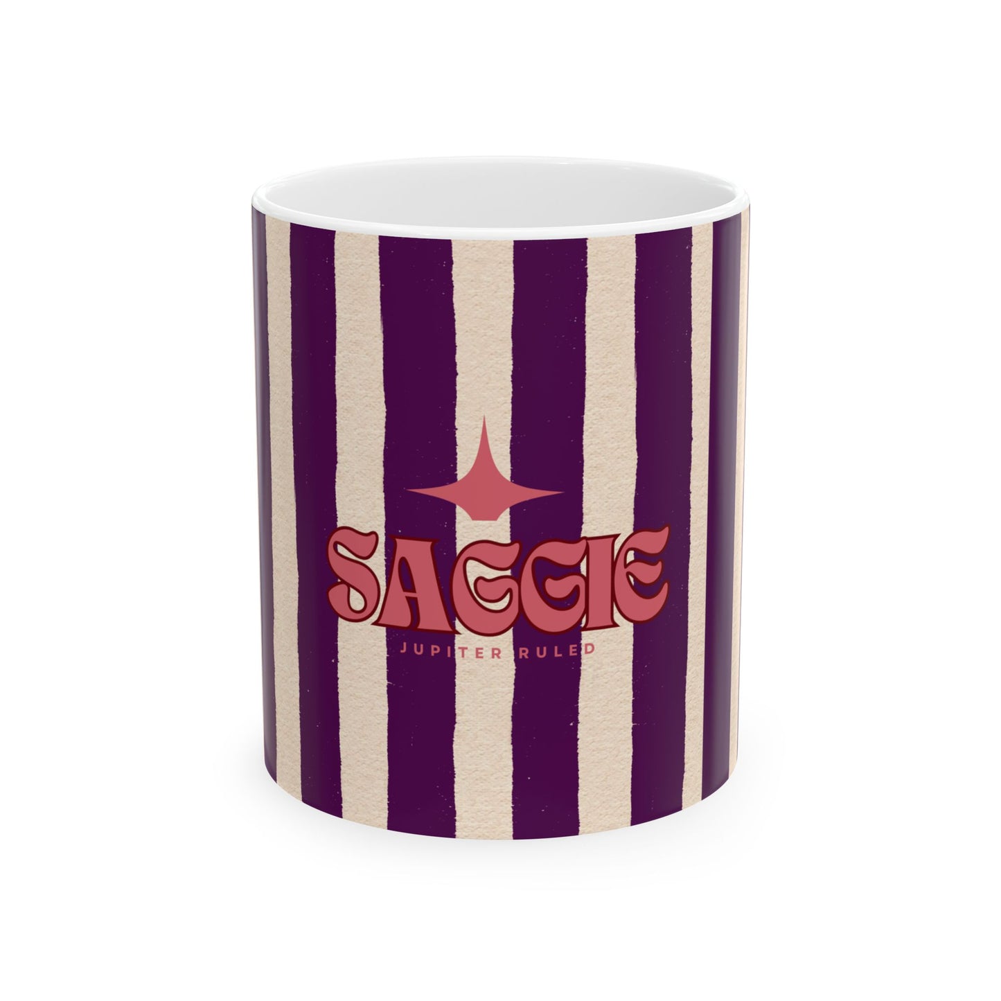 Striped mug with 'SAGGIE' branding on a white background