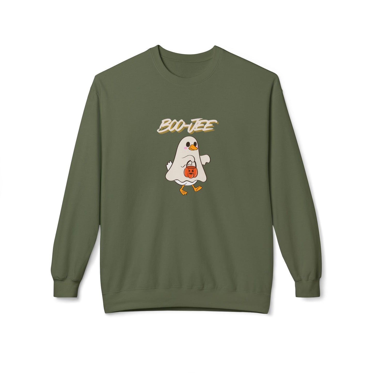 Green Halloween sweatshirt with a cartoon ghost and 'BOO-JEE' text on a white background
