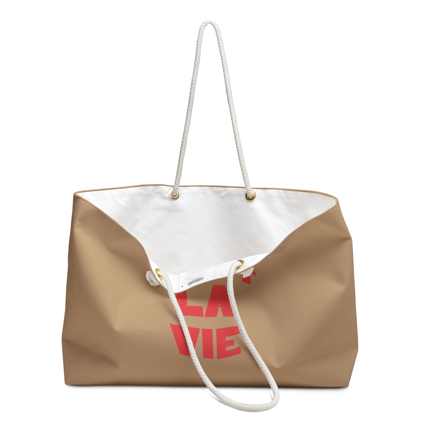 Beige tote bag with white interior and red text on a white background