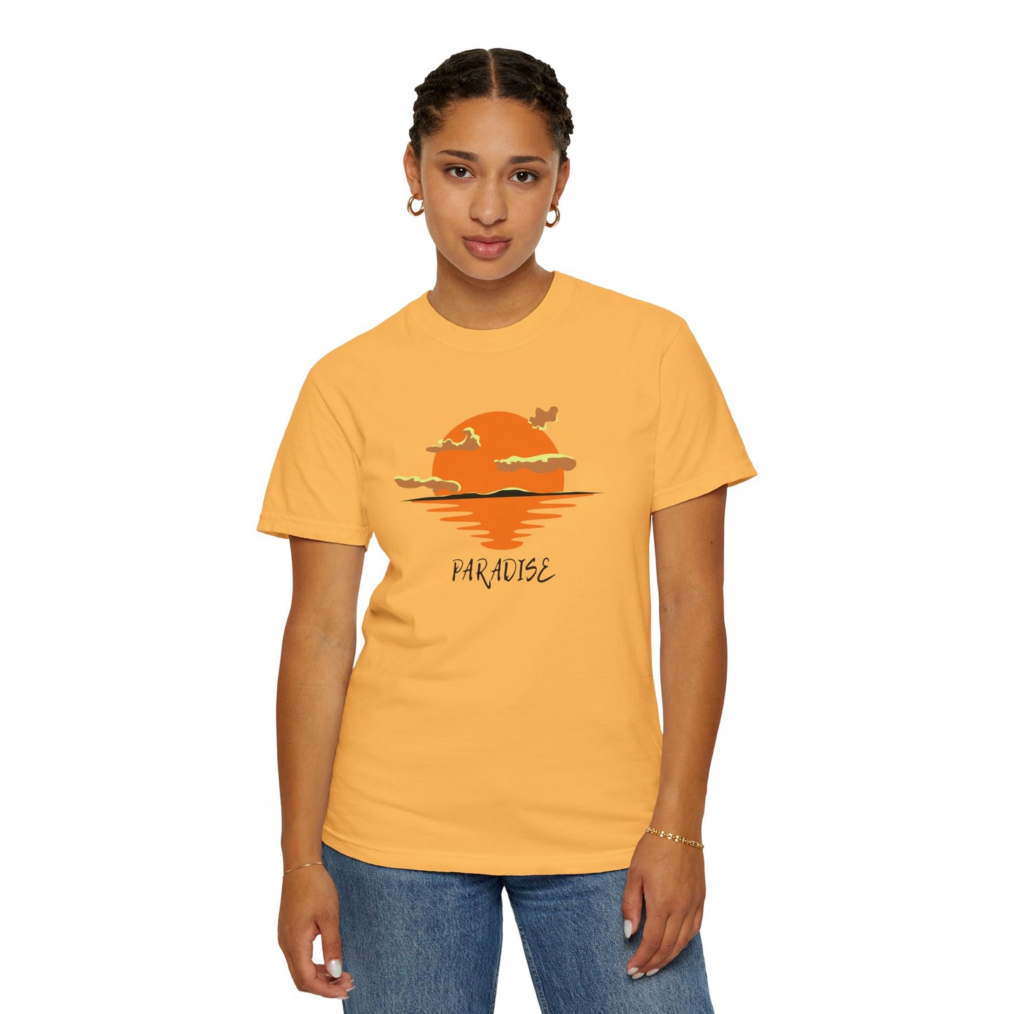 Woman wearing a yellow t-shirt with a sunset design and 'Paradise' text on a white background