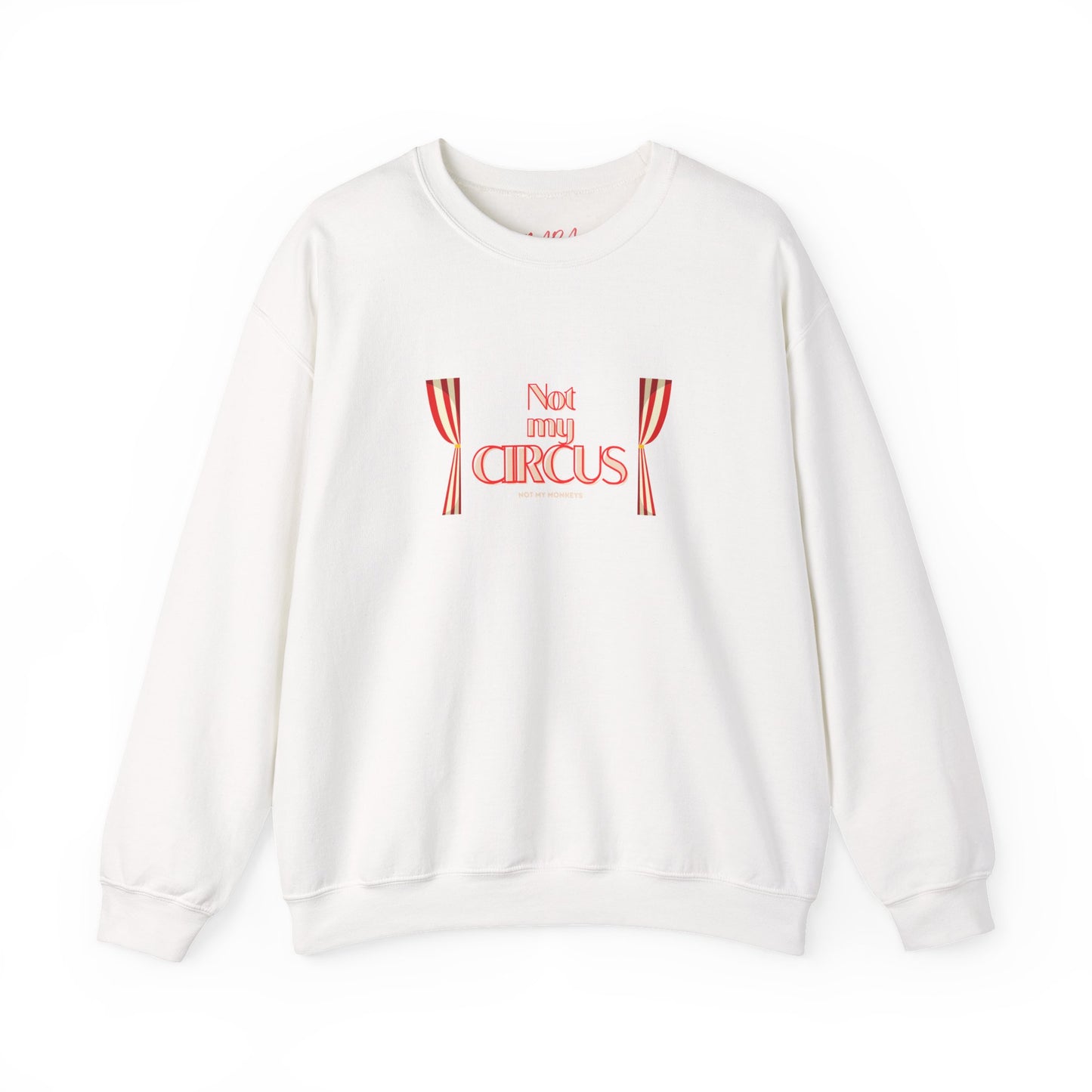 White sweatshirt with red text and curtains on a white background