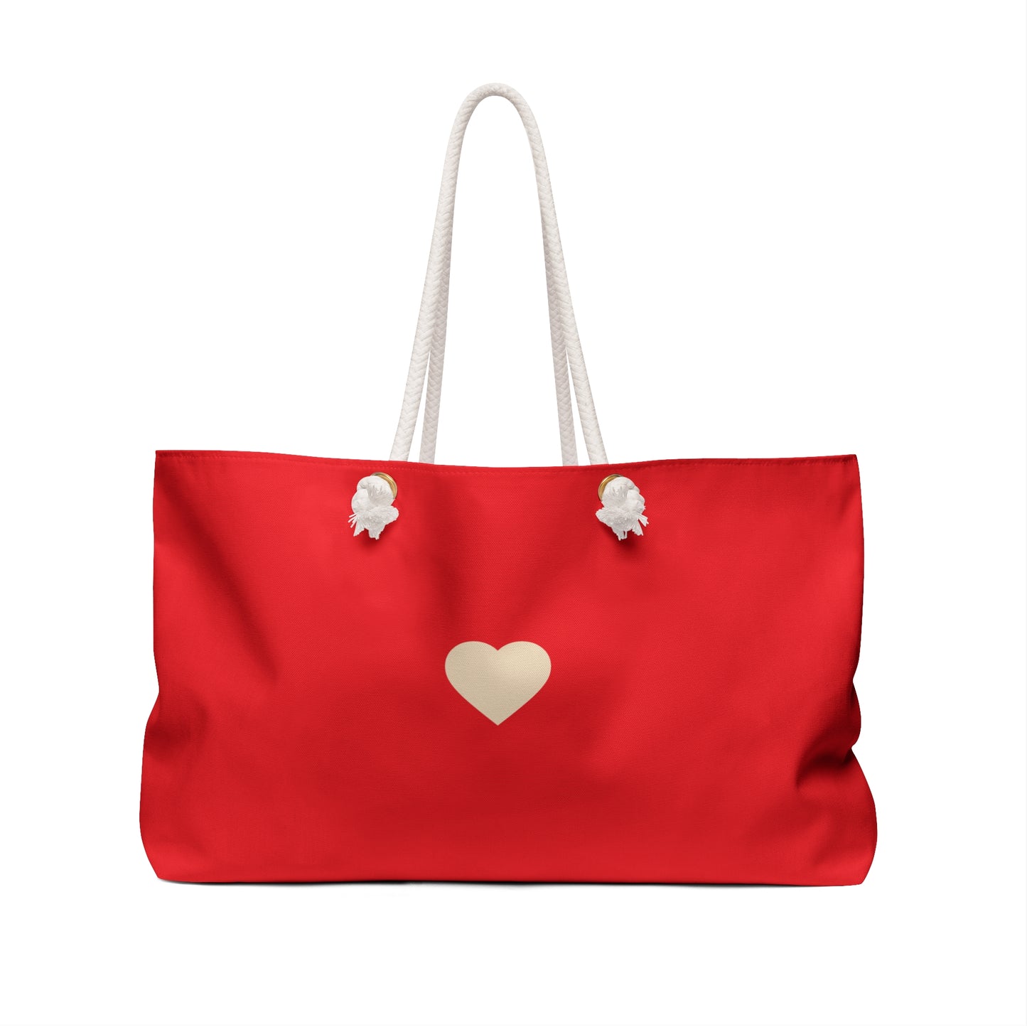 Red tote bag with a heart design and white handles on a white background