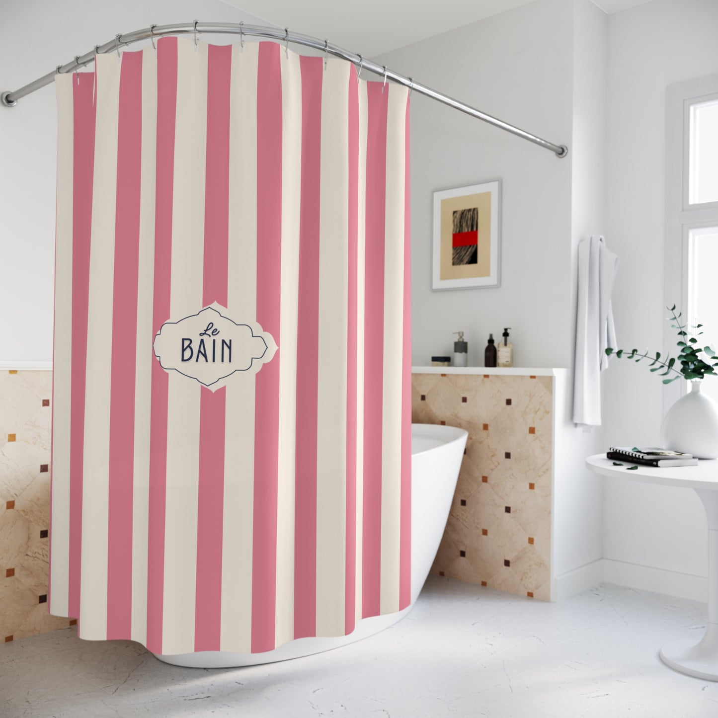 Pink Striped shower curtain with 'Le Bain' text in a bathroom setting