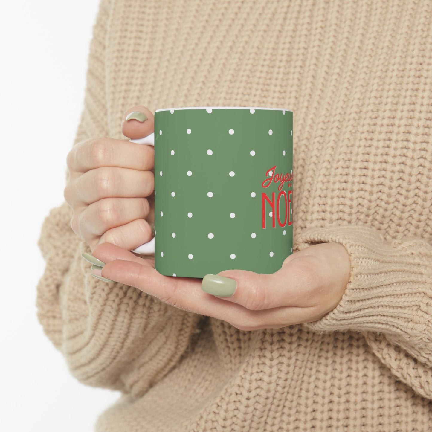 Joyeux Noël Ceramic Mug — Green Polka Dot Christmas Coffee Cup (11oz & 15oz)