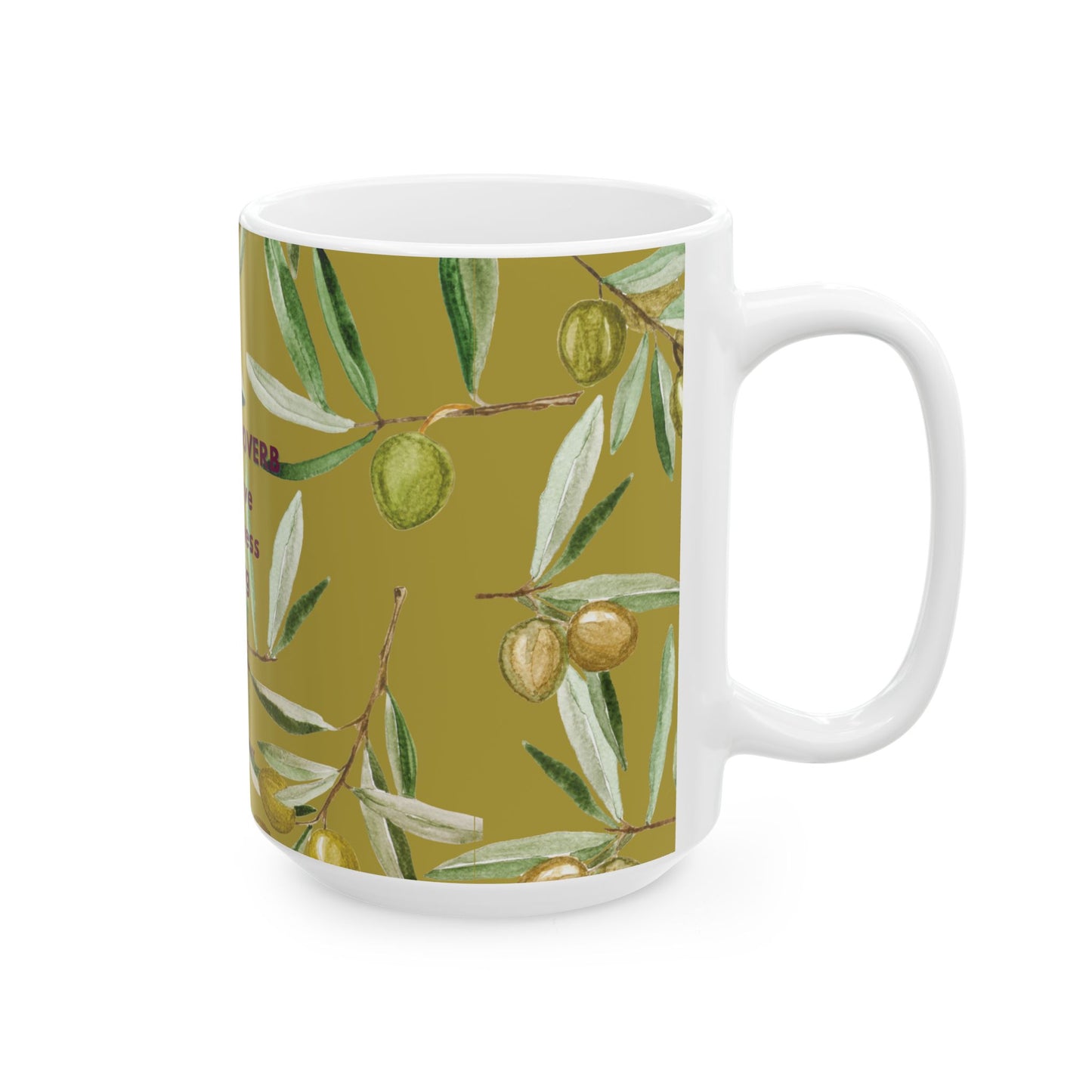 White mug with olive branch pattern on a green background
