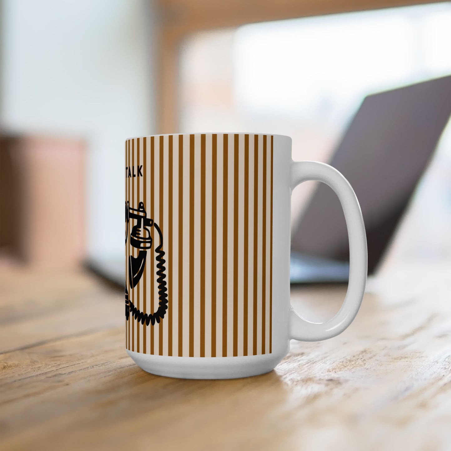 Coffee Talk Ceramic Mug – Vintage Telephone Striped Coffee Cup (11oz & 15oz)
