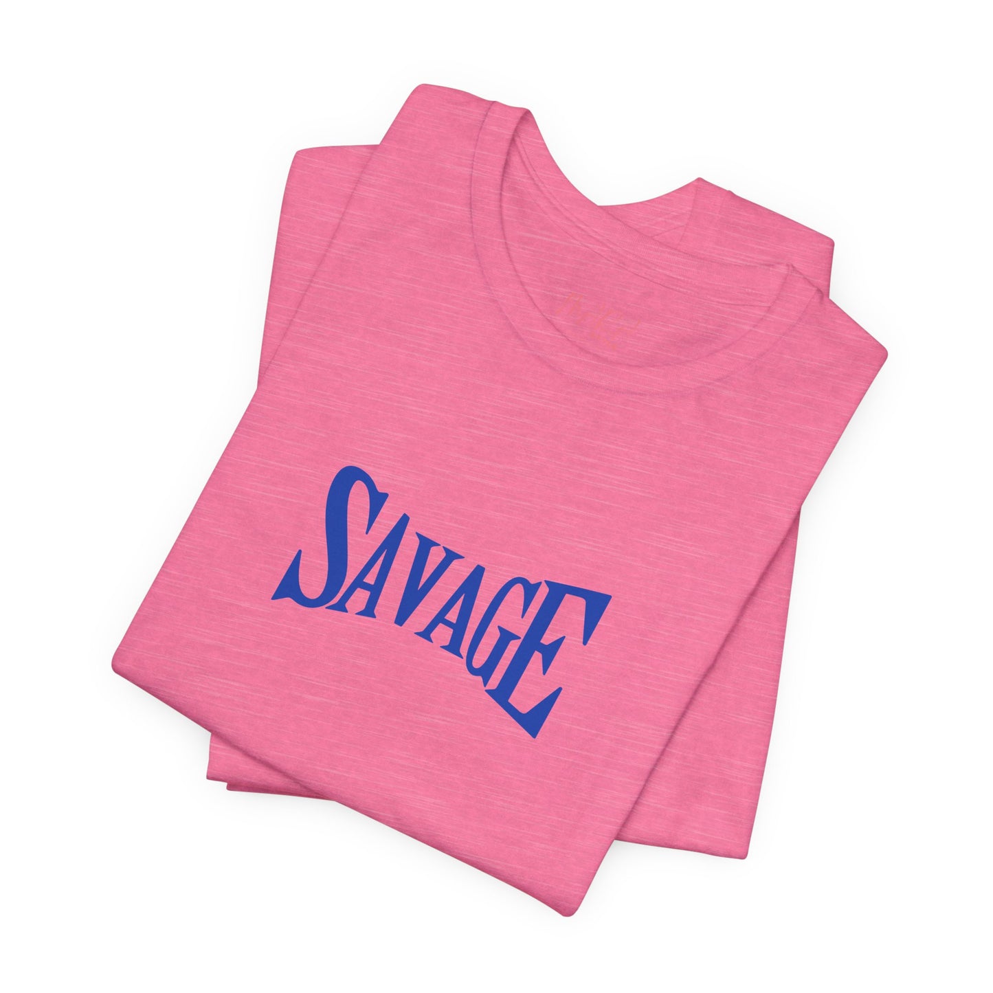 Pink t-shirt with 'SAVAGE' text in blue on a white background