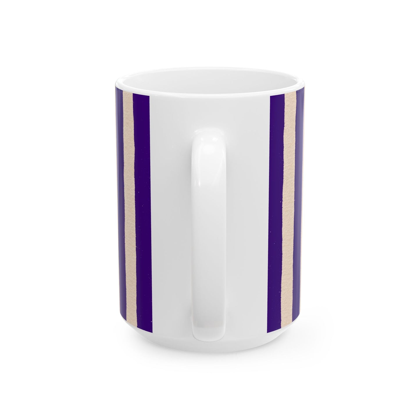 White mug with purple and beige stripes on a white background