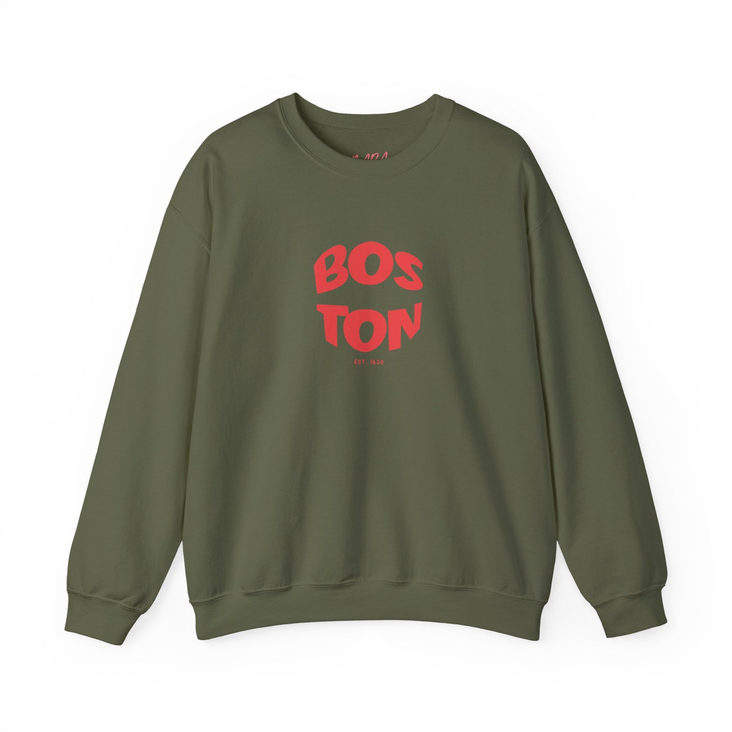 Green sweatshirt with 'Boston' printed in red on a white background