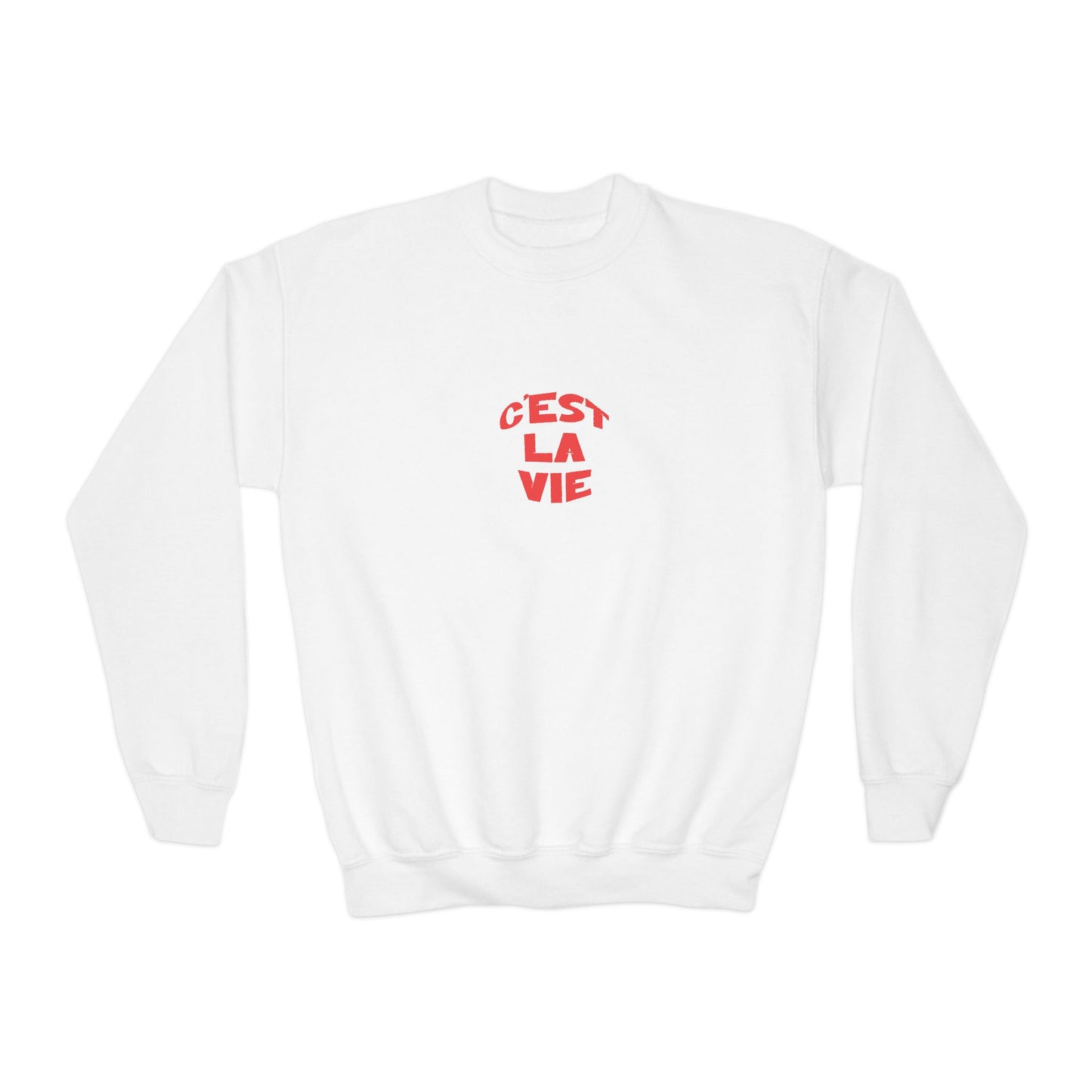 White sweatshirt with red text 'Cést La Vie' on a white background
