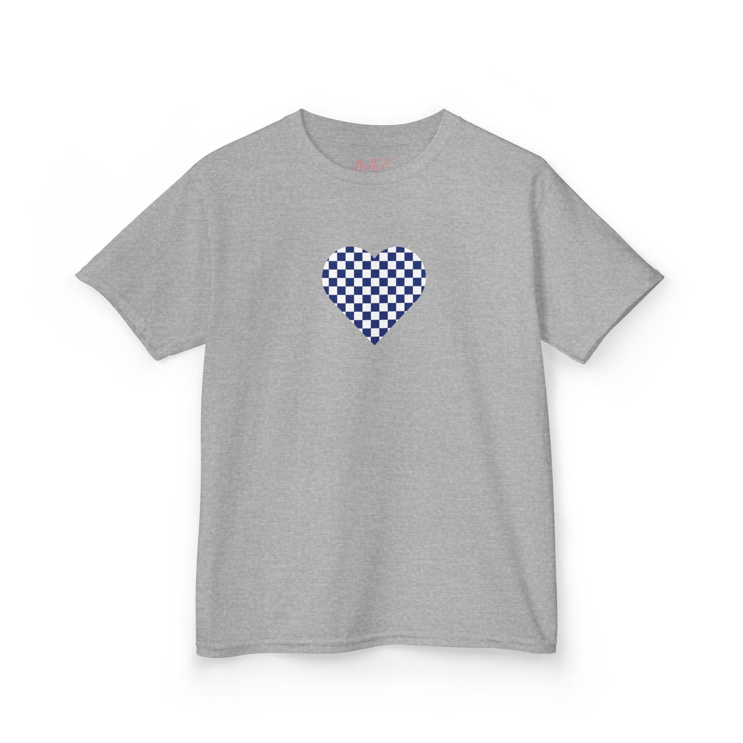 Gray t-shirt with a blue checkered heart design on a white background