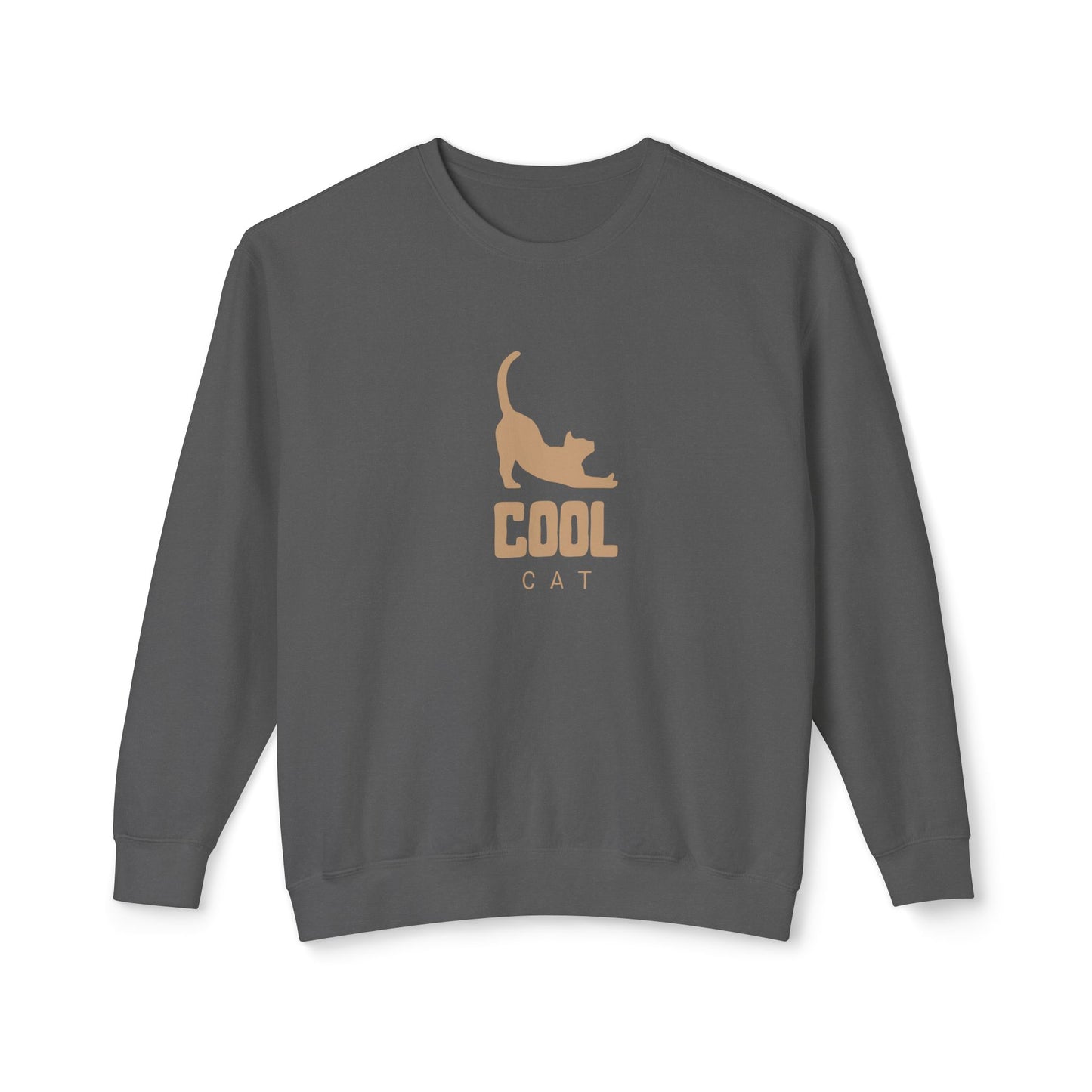 Gray sweatshirt with a cat graphic and 'Cool Cat' text on a white background
