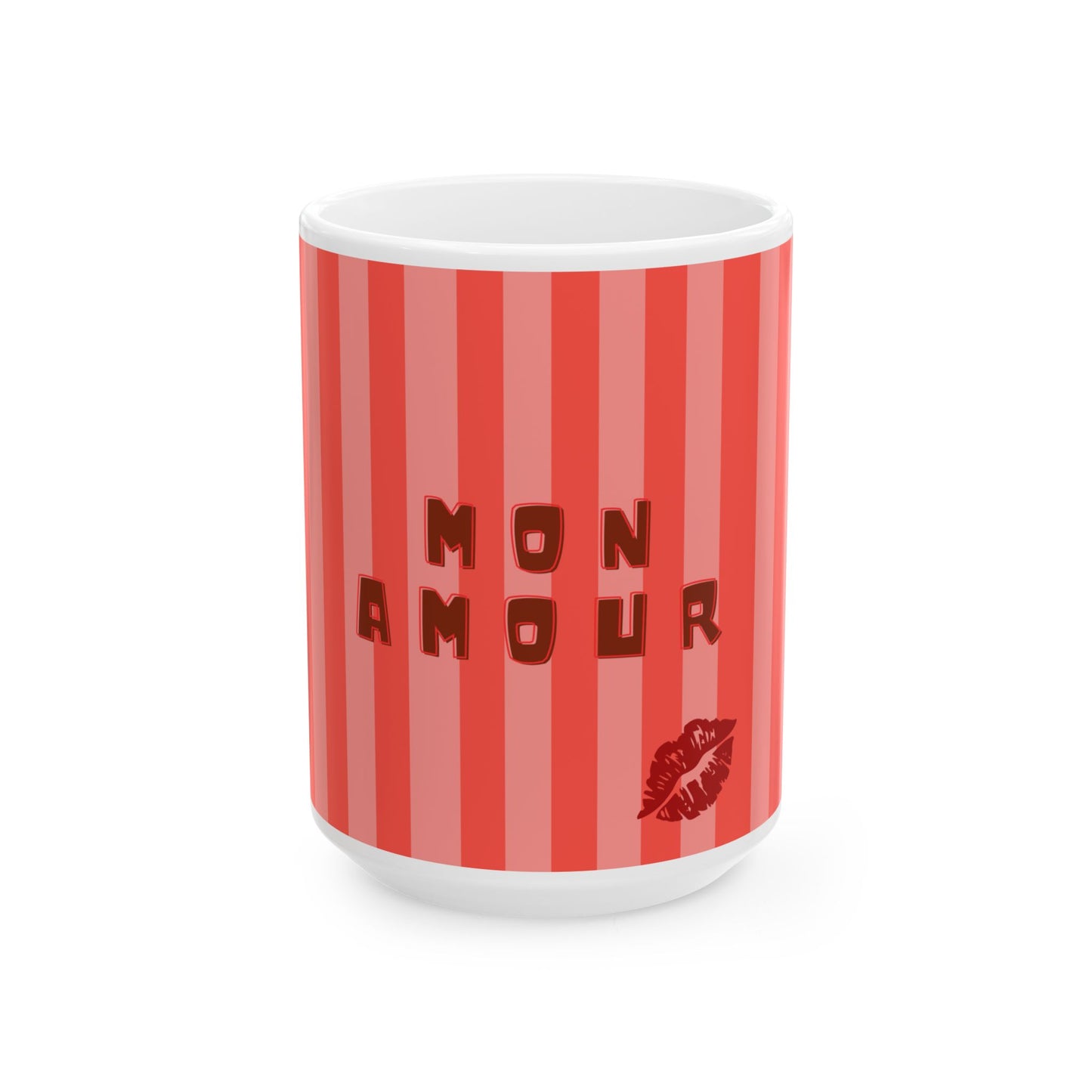 Mug with red and white striped pattern and 'MON AMOUR' text on a white background