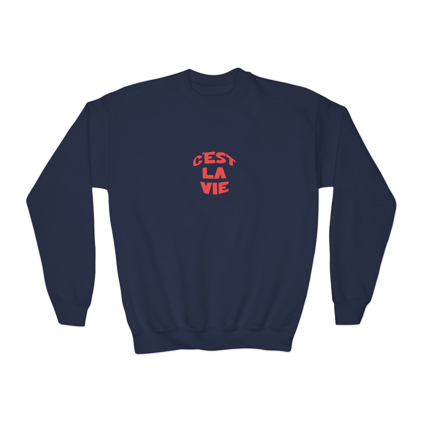 Navy blue sweatshirt with red text 'Cést La Vie' on a white background