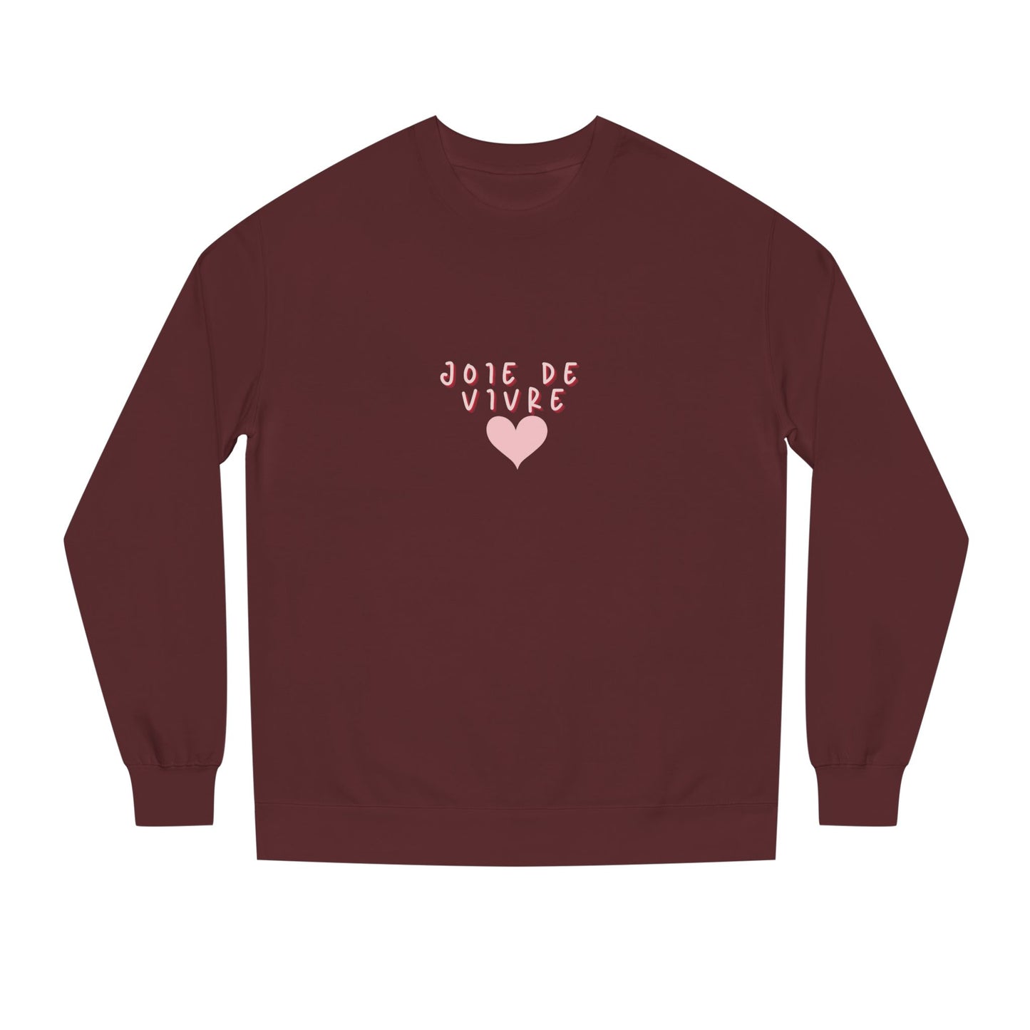 Maroon long-sleeve shirt with 'JOIE DE VIVRE' and a heart on a white background