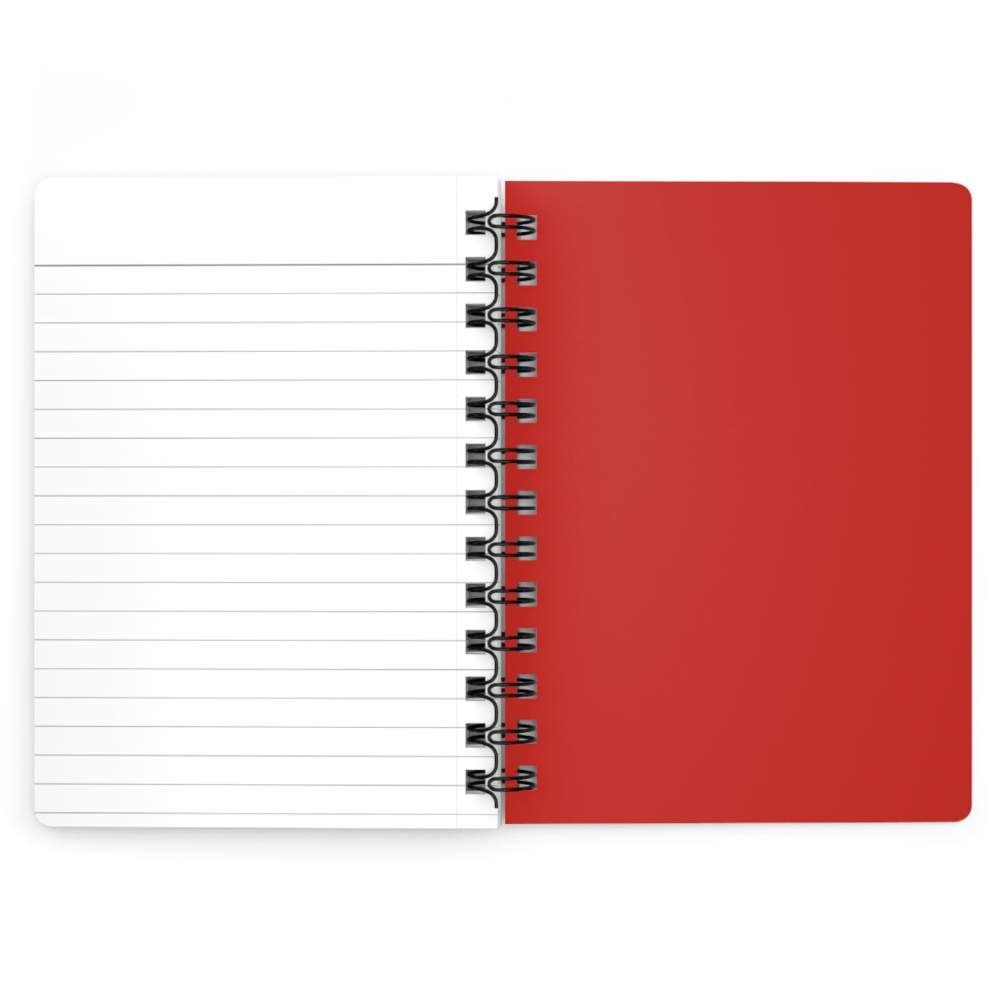 Red notebook with a white lined interior on a white background