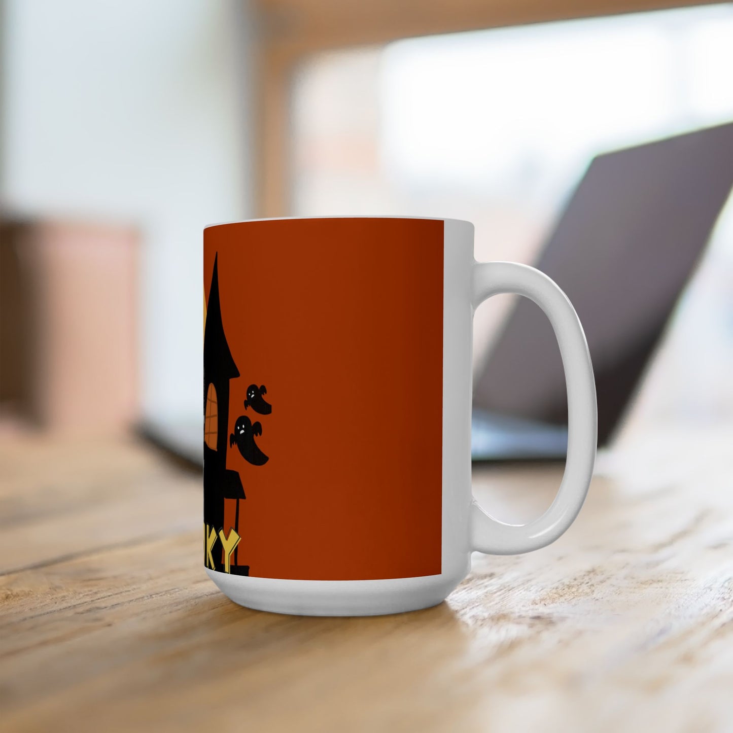 Spooky Haunted House Halloween Mug — ORANGE Ceramic Coffee Cup (11oz/15oz)