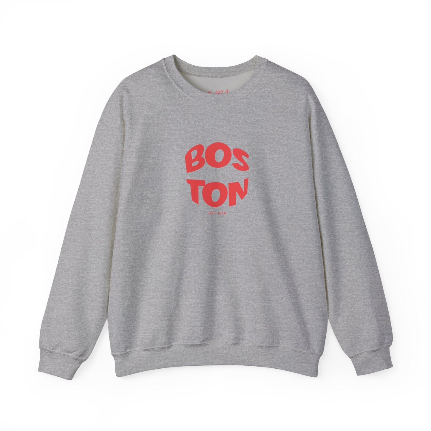 Gray sweatshirt with 'Boston' printed in red on a white background