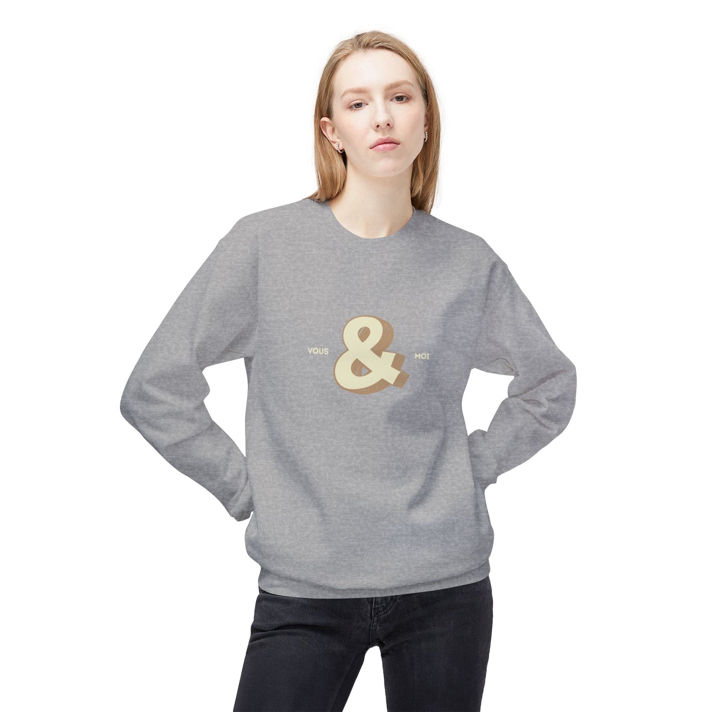 Person wearing a gray Couple's sweatshirt with a yellow ampersand symbol on a white background