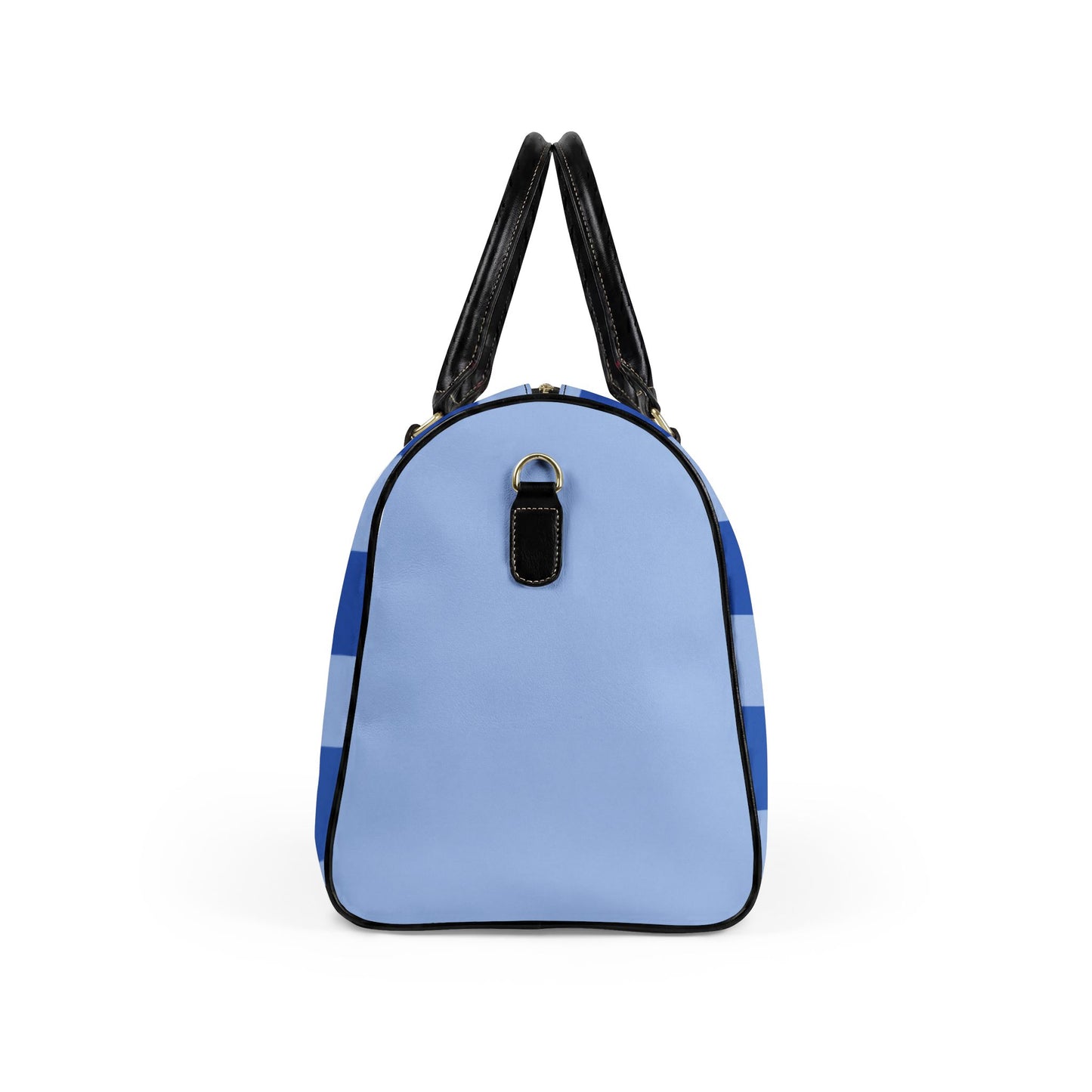 Light blue backpack with black straps on a white background