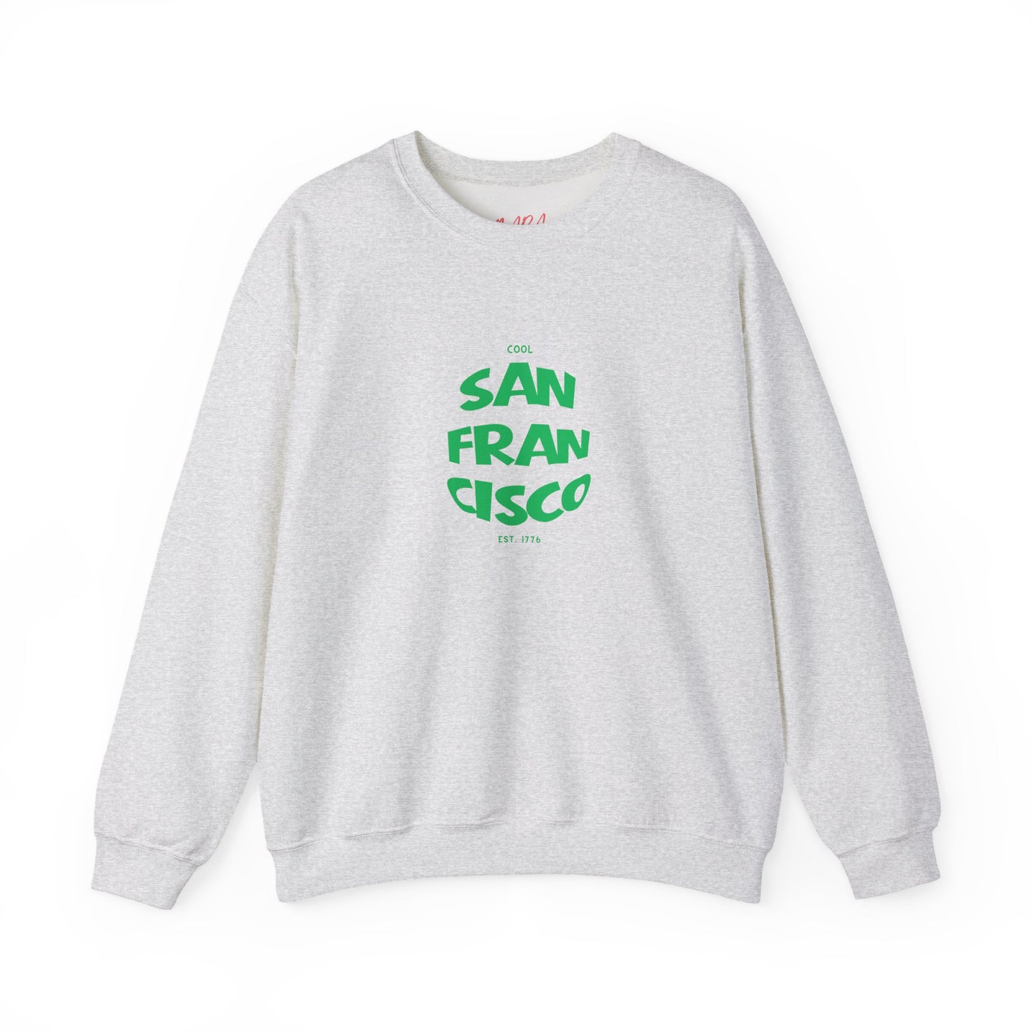 Gray sweatshirt with green 'San Francisco' text on a white background