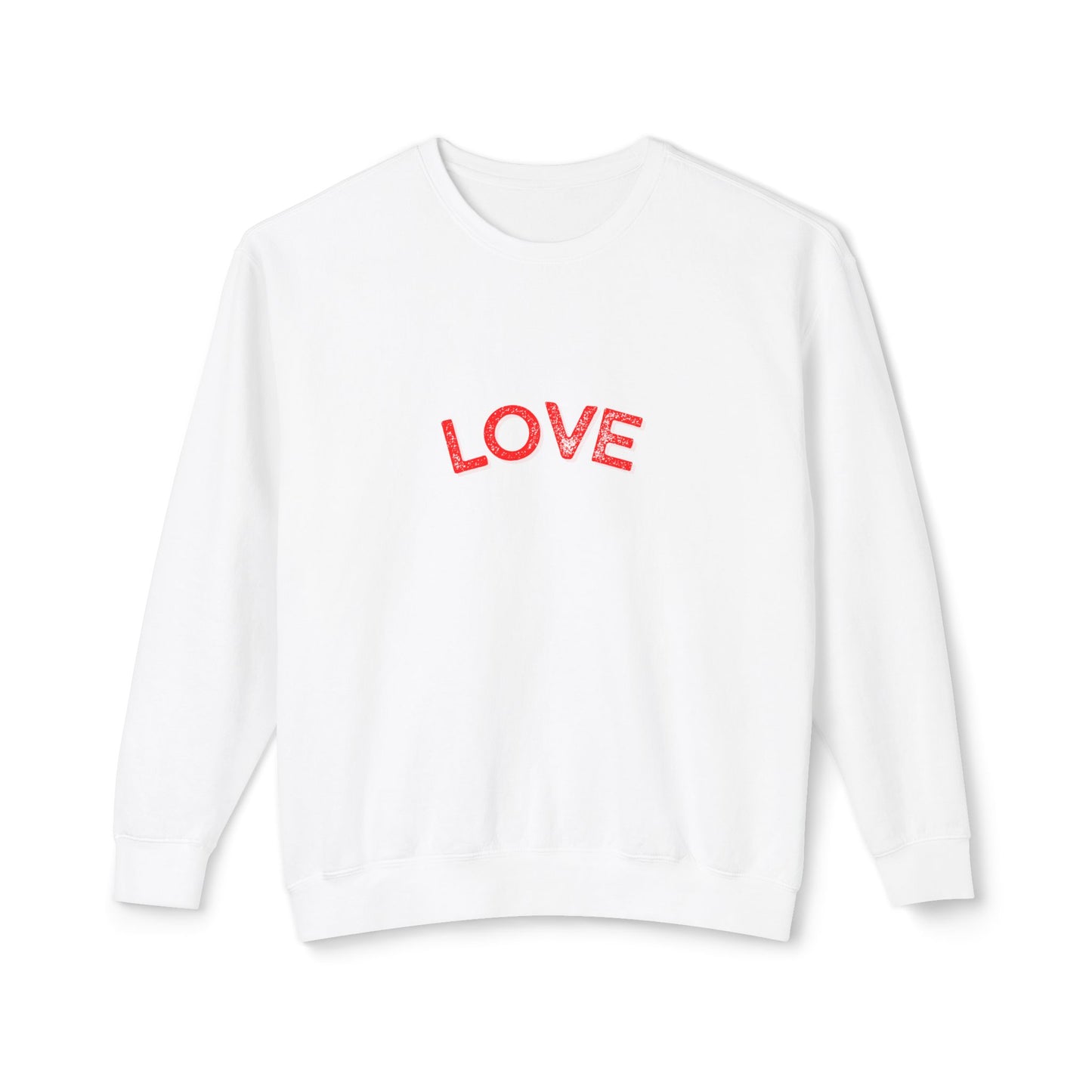 White sweatshirt with red 'LOVE' text on a white background