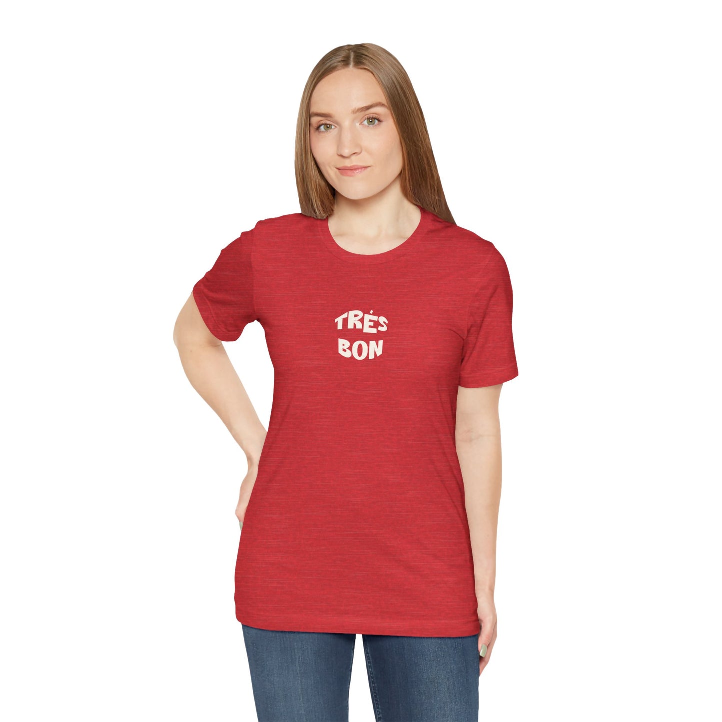 Person wearing a red t-shirt with 'TRES BON' text on a white background