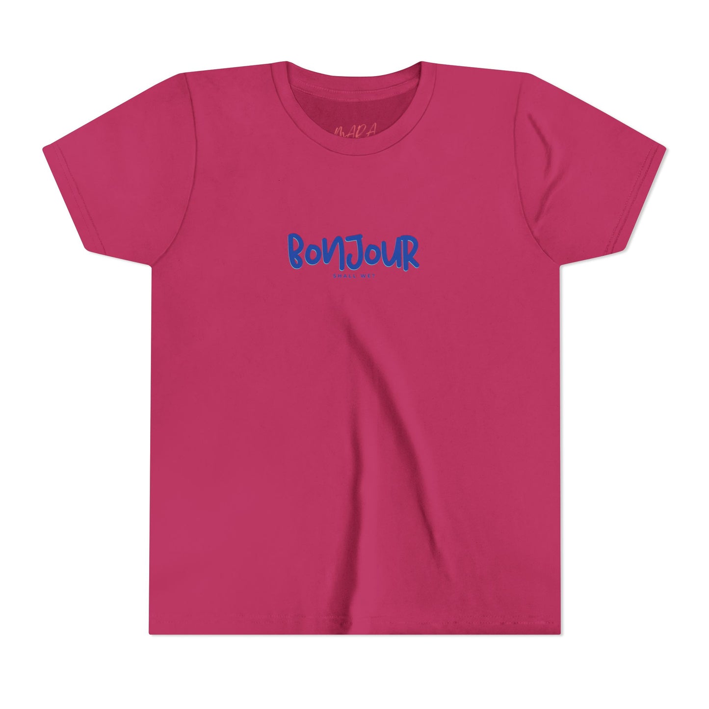 Pink t-shirt with blue 'Bonjour' text on a white background