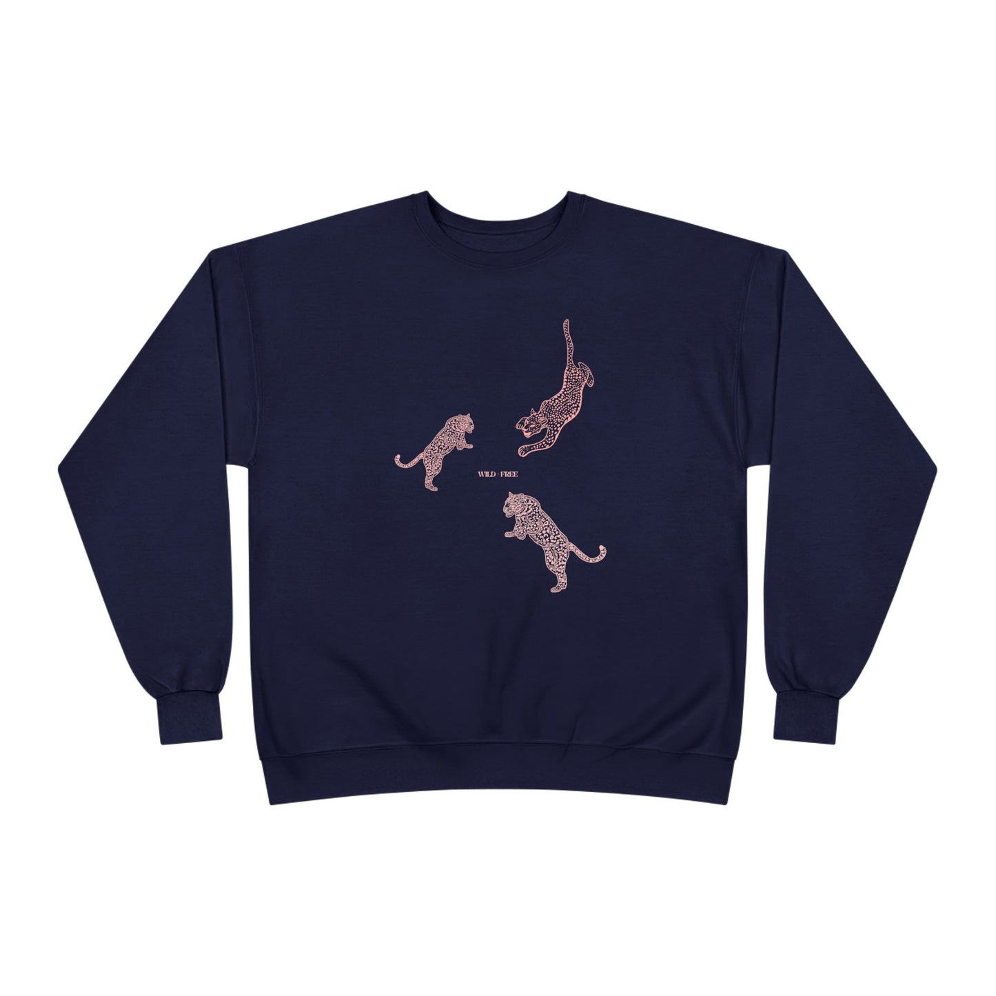 Navy blue sweatshirt with pink panther designs on a white background
