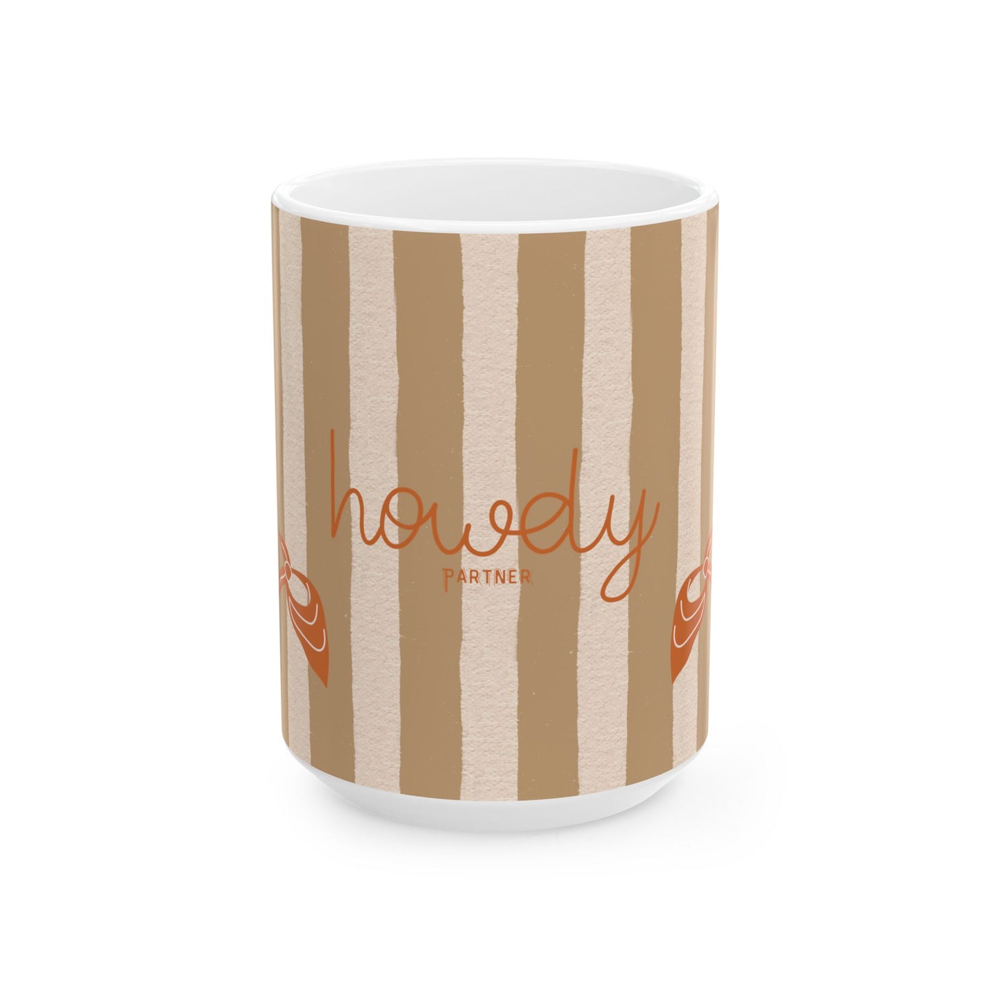 Mug with brown and beige striped design and 'howdy partner' text on a white background