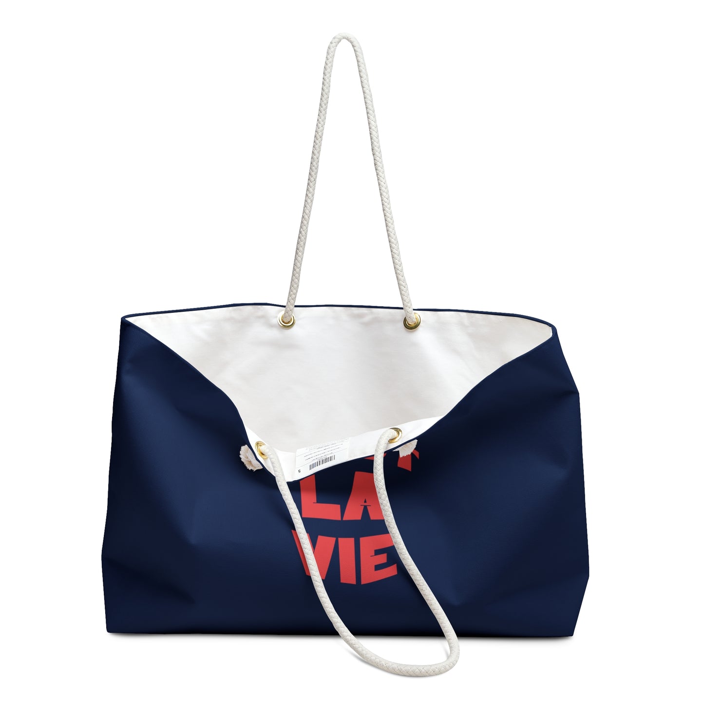 Navy blue tote bag with white interior and red text on a white background