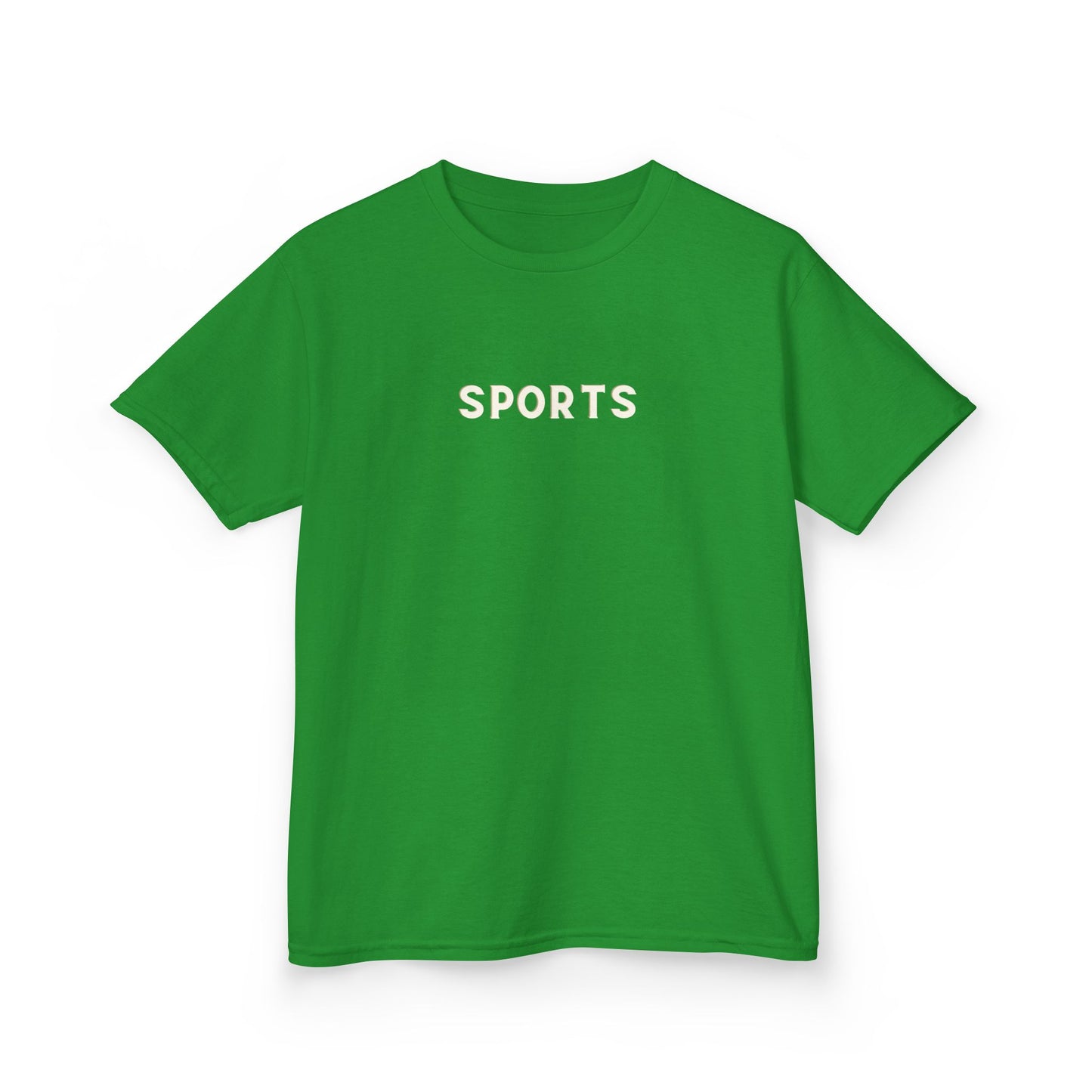 Green t-shirt with 'SPORTS' text on a white background