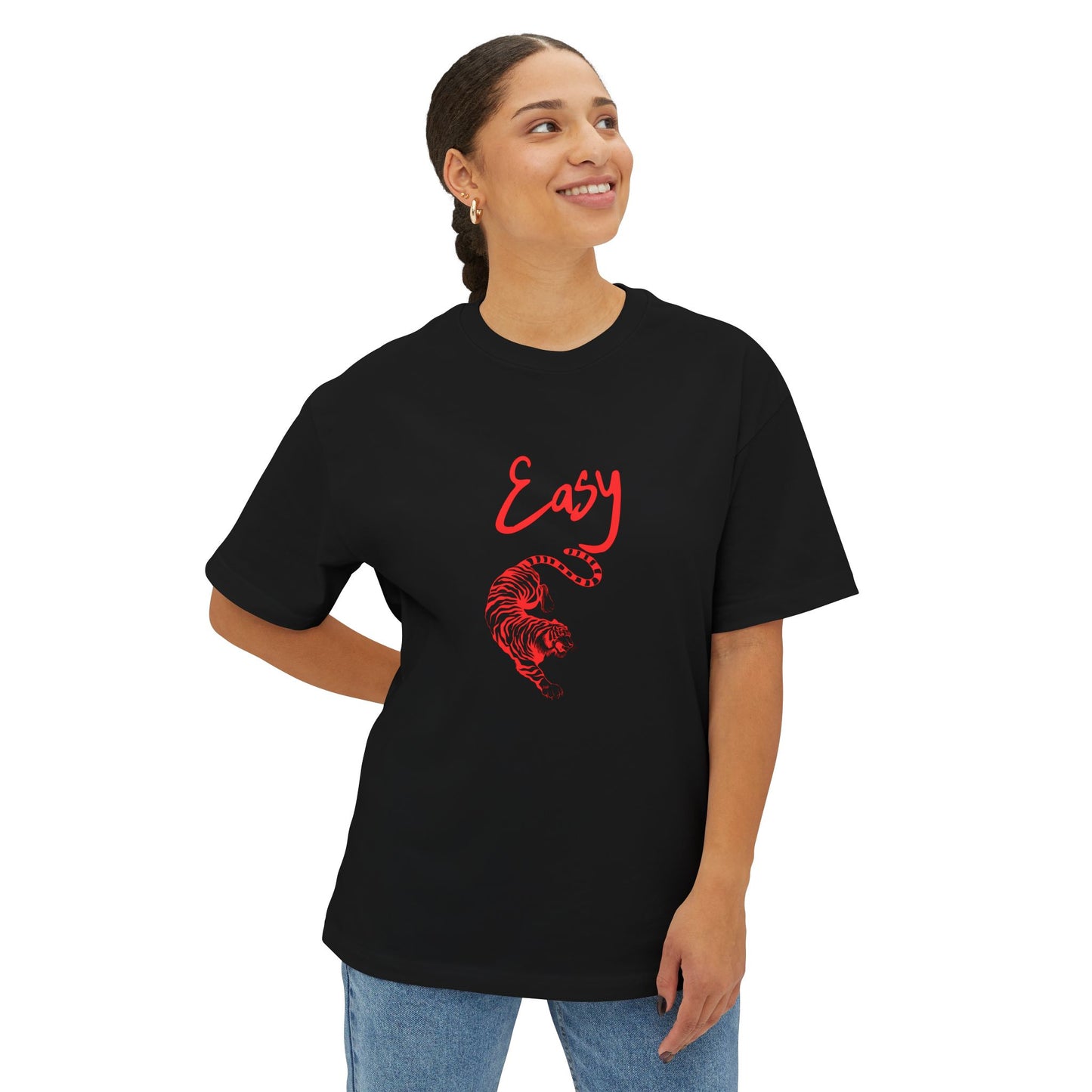 Person wearing a black EASY TIGER t-shirt with red graphic and text on a white background