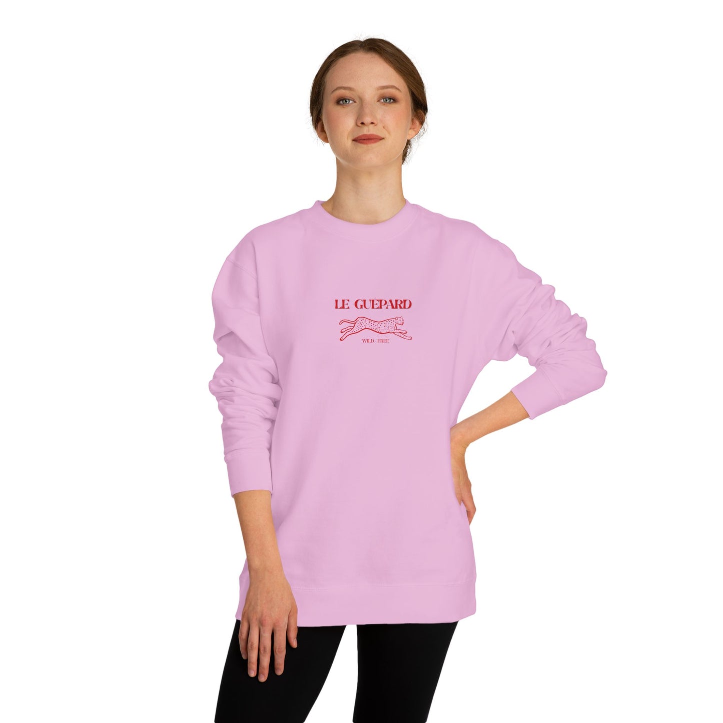 Person wearing a pink Le Guepard sweatshirt with text on a white background