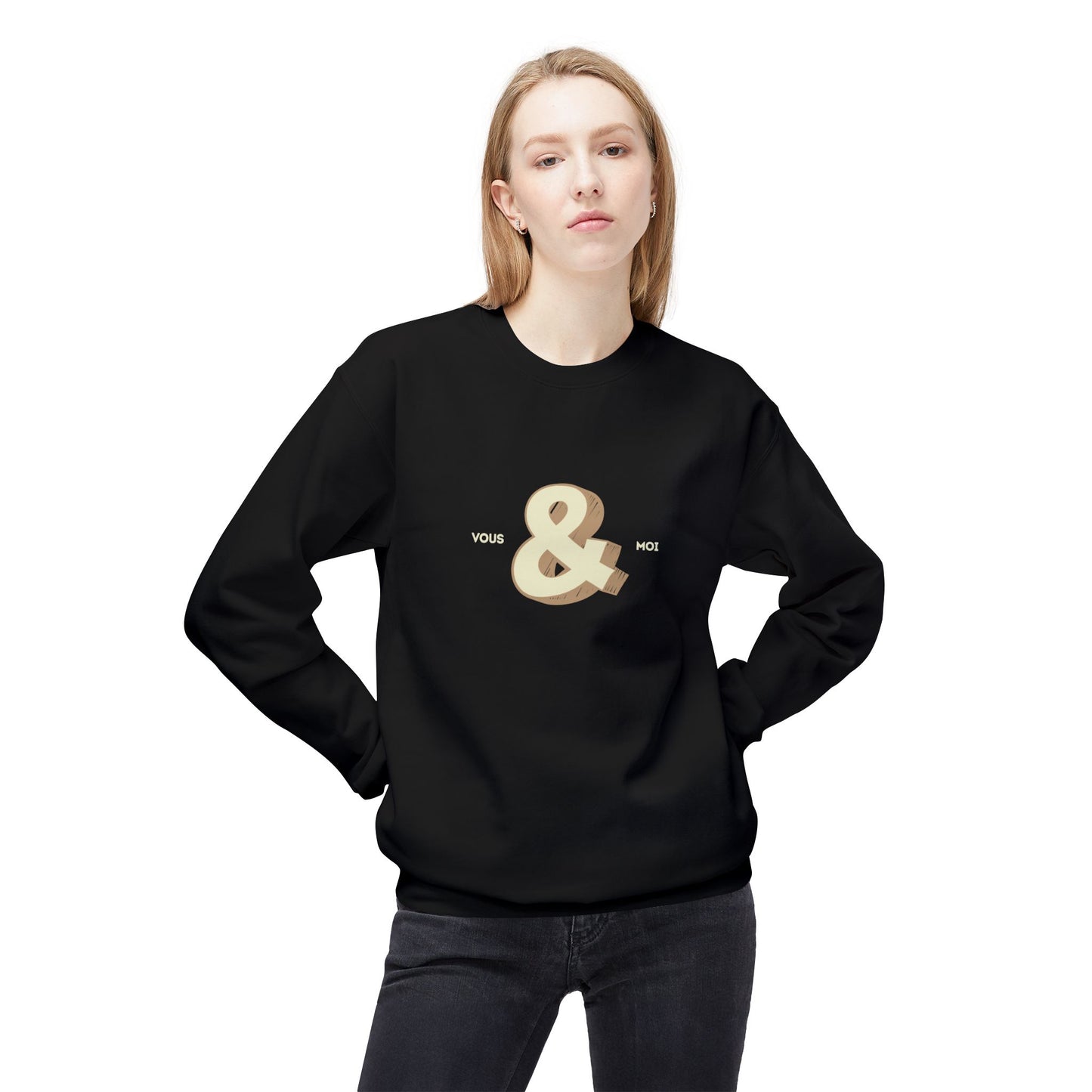 Person wearing a black Couples' sweatshirt with a design on a white background