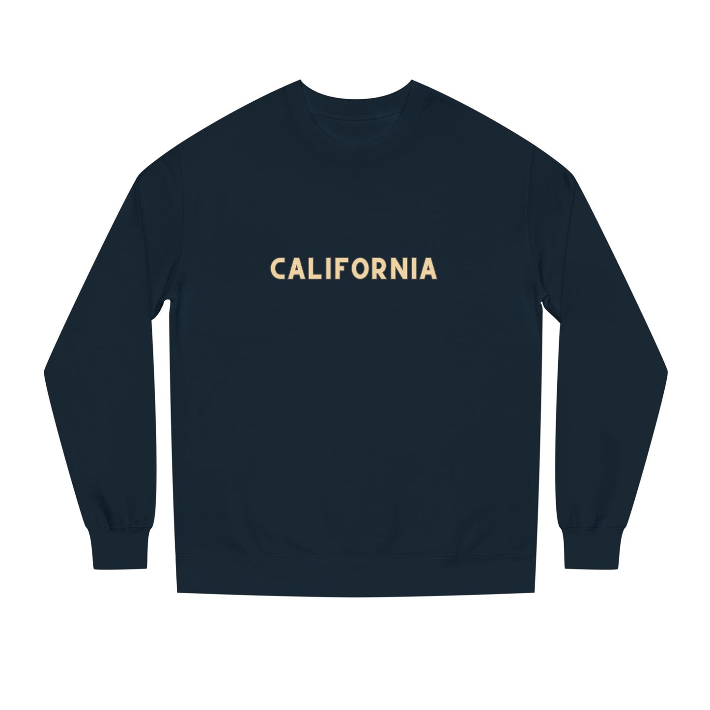 Navy blue long-sleeve shirt with 'CALIFORNIA' printed in gold on a white background