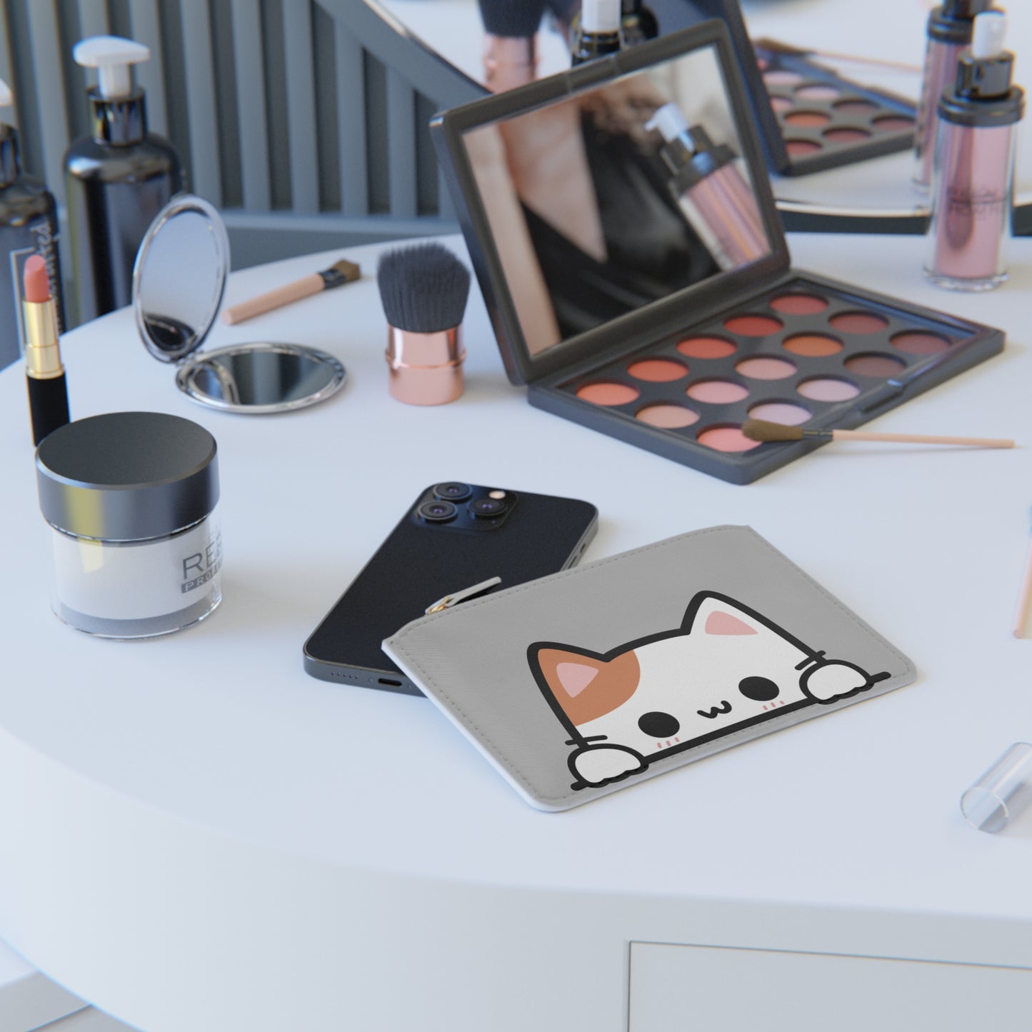 Kawaii Cat Mini Clutch Bag & Coin Purse, Light Grey