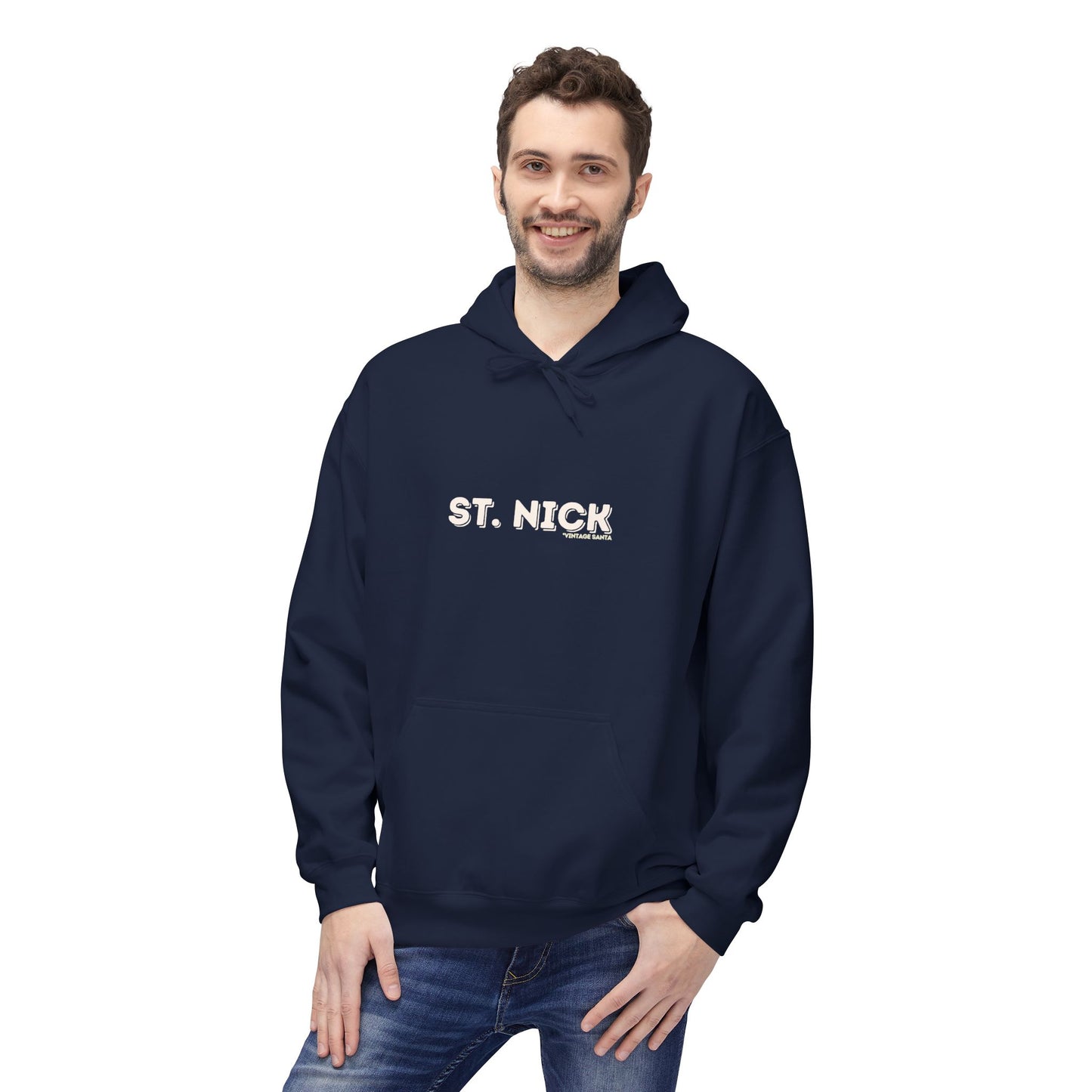 Man wearing a navy hoodie with 'ST. NICK' text on a white background