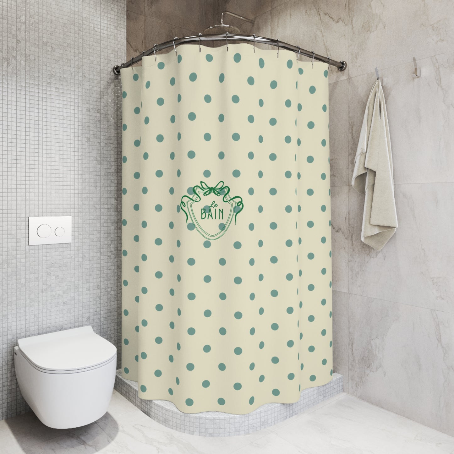Polka Dot 'Le Bain' Shower Curtain – Cream & Sage Green Bathroom Decor