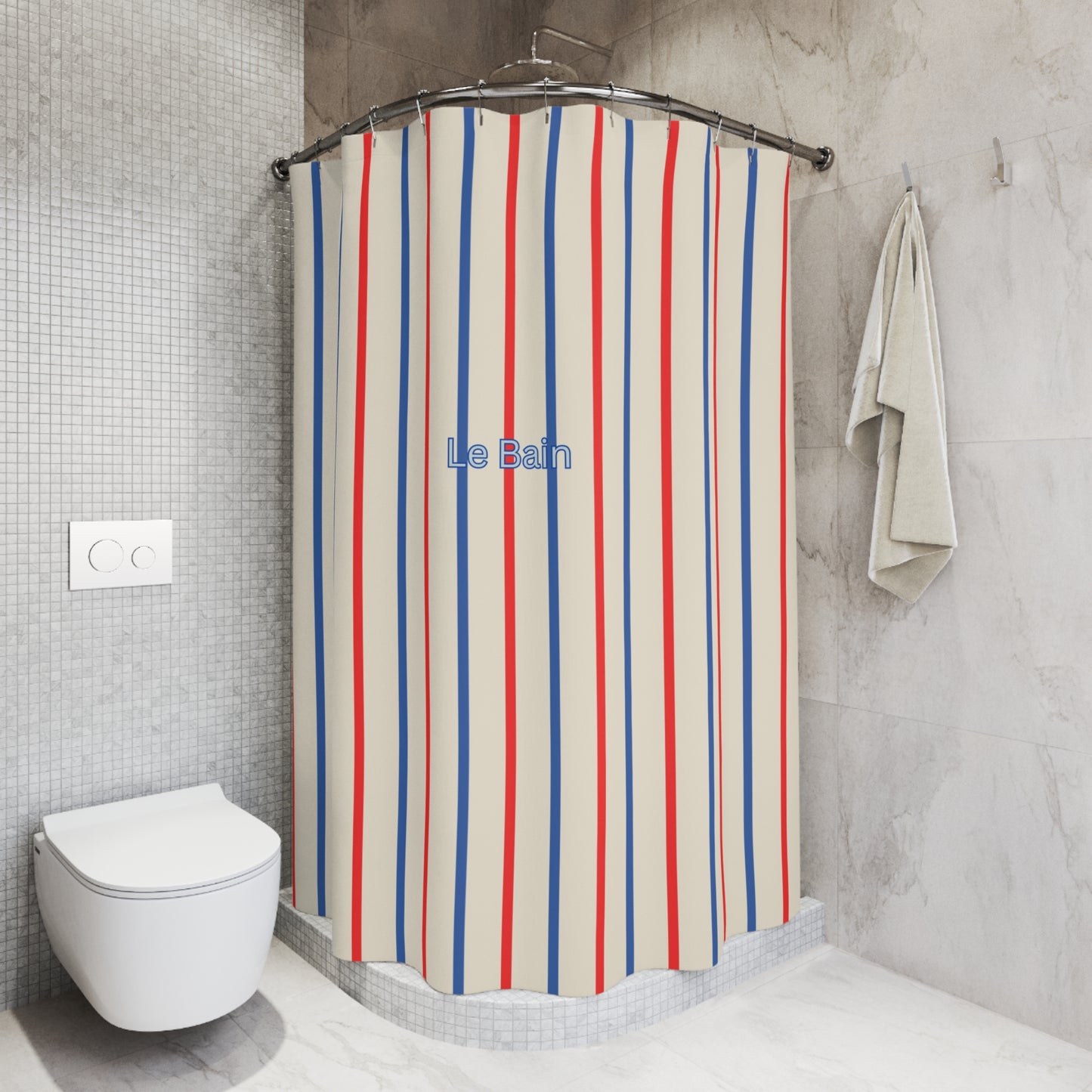 Shower curtain with geometric pattern in a bathroom setting